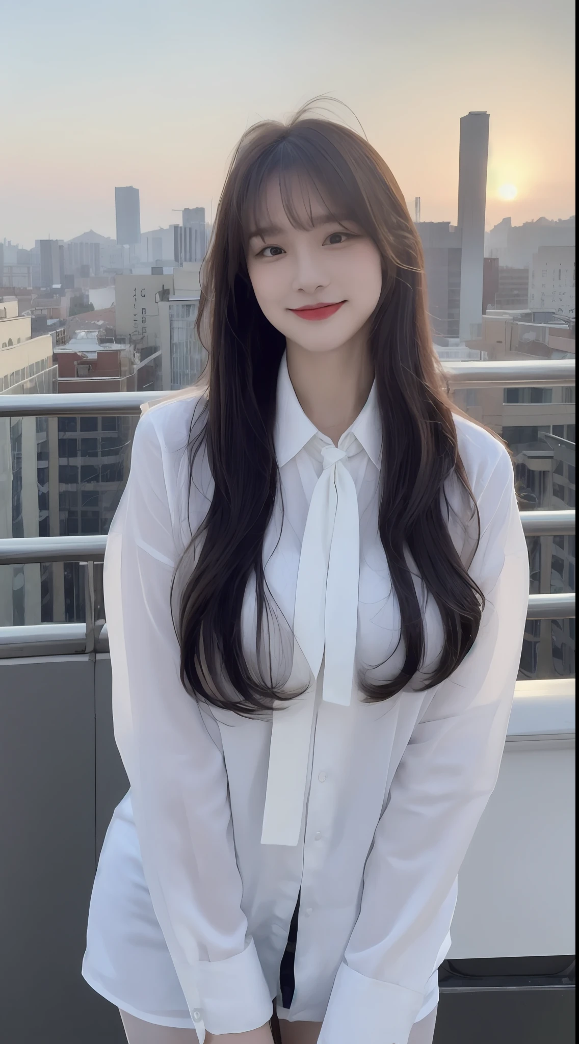 (1 cute Korean star with royal sister style), ((Best quality, 8K, 巨作: 1.3)), focal point: 1.2, Perfect body proportions: 1.4, (Make a smile),  （Ray traching）,Watery eyes, Highly Detailed Face and Skin Textur, Fine eyes, Double eyelids, Whitens the skin, (long whitr hair, Air bangs: 1.3), (face round: 1.5), (White opaque bow tie shirt: 1.4), (JK style:1.4),(on the rooftop,The wind blows),(white stockings),
