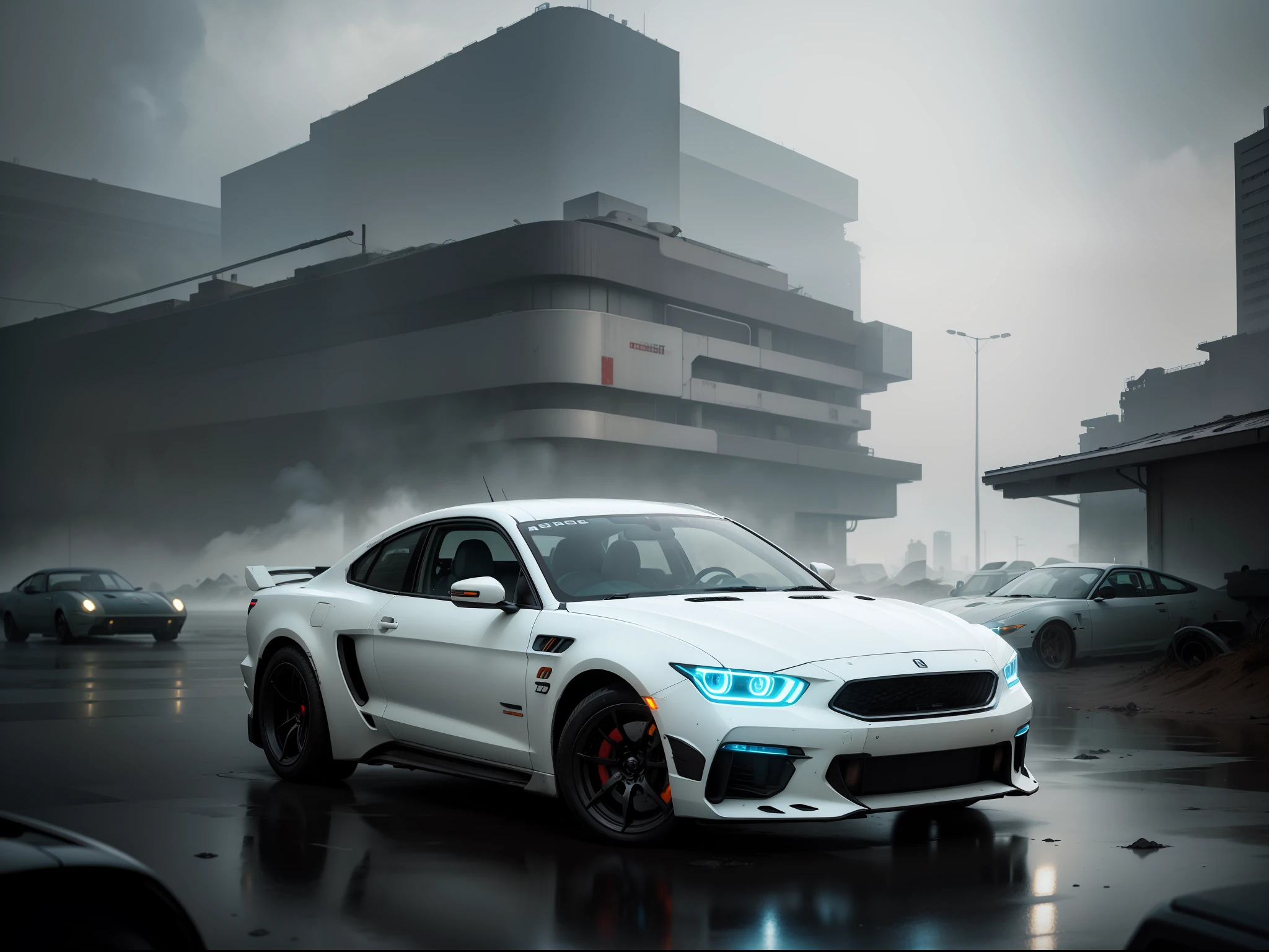 photo of simon stalenhag,8k resoultion,hyper realstic ,white body car, day, blade runner film