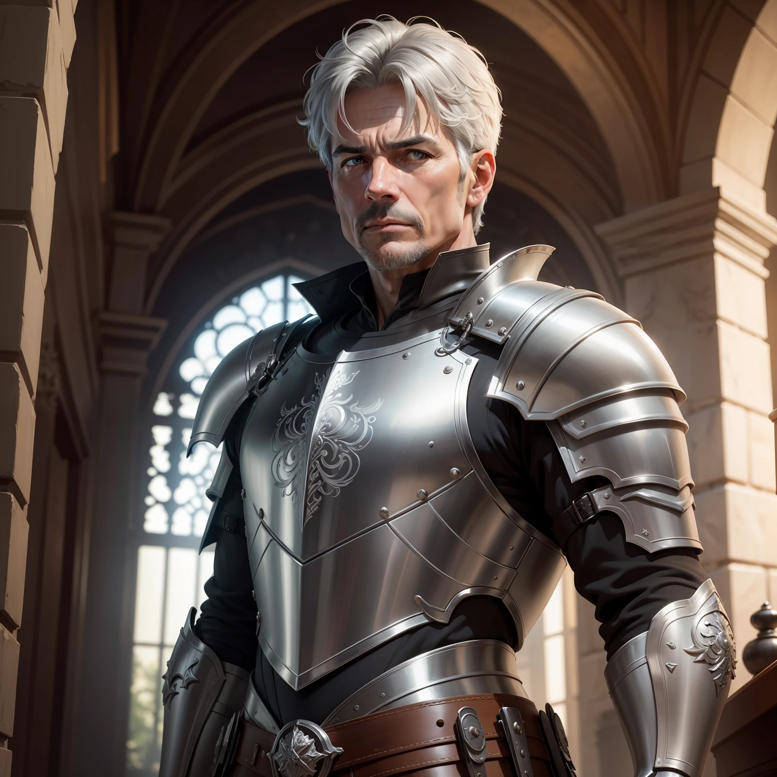 masterpiece, best quality, realistic, 1male, solo, 50-year-old, grey hair, very short hair, intricately detailed face, knight, silver armor, cinematic scene, dramatic light, 8k, determined look, Intricate details, highly detailed, Sharp focus, a digital rendering, professional, 4K, art stations, Art germ, fantasy, full body, perfect face,