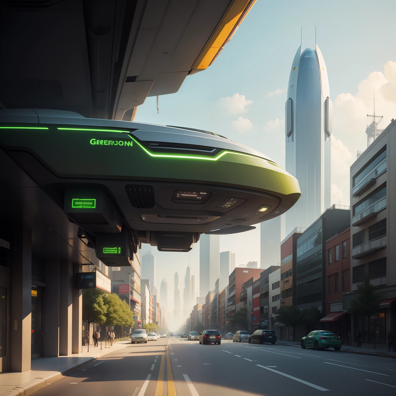 The future of transportation，Stereoscopic city scene，Sci-fi sense，sense of science and technology，greenish tinge