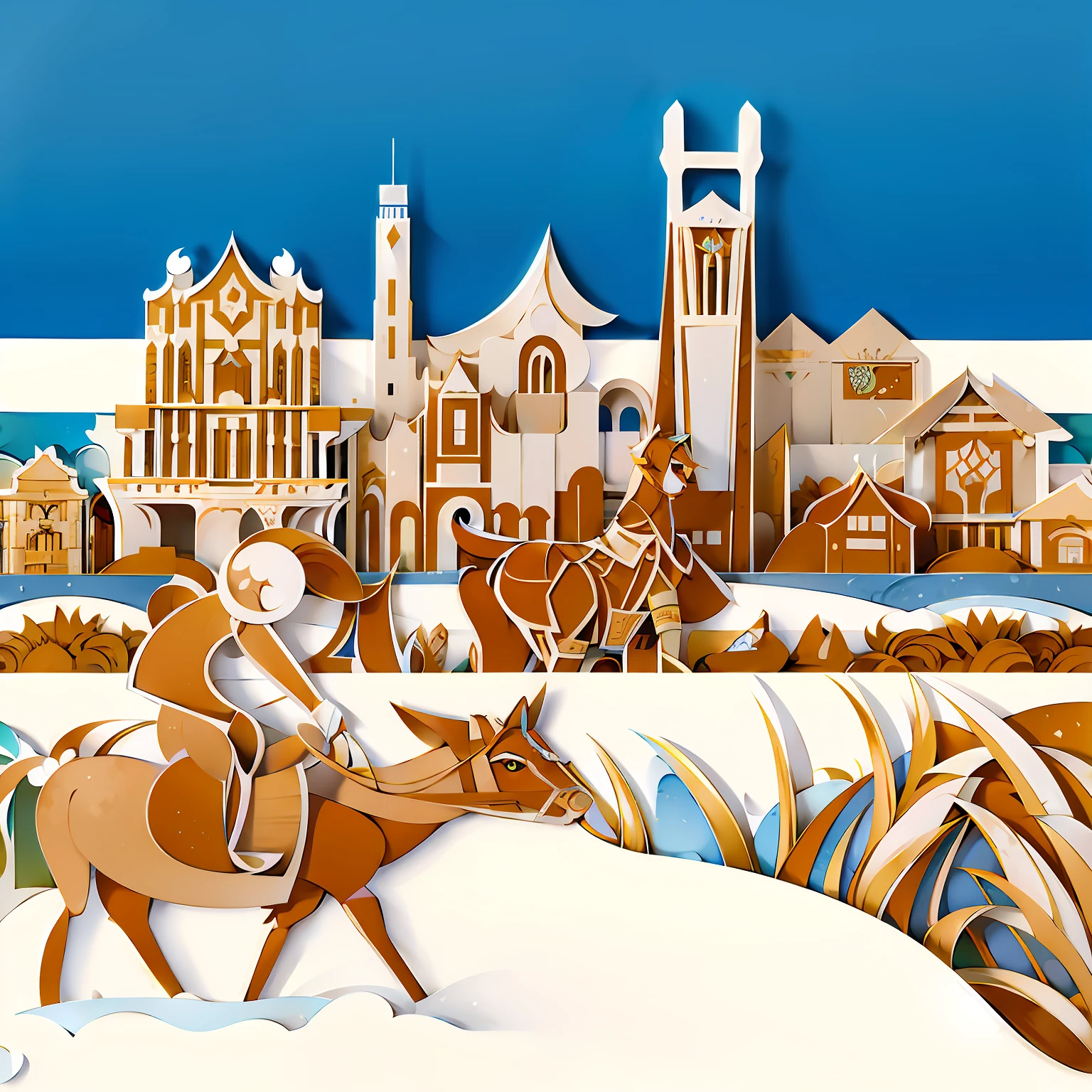 Paper cutout of a man riding a horse in the snow, Laurent Durieux, Inspired by Peter Bruegel, Inspired by Peter Bruegel Jr, Inspired by Peter Bruegel the Elder, with village, view over city, inspired by Limbourg brothers, town in the background, paper art, town background, illustration!, festivity