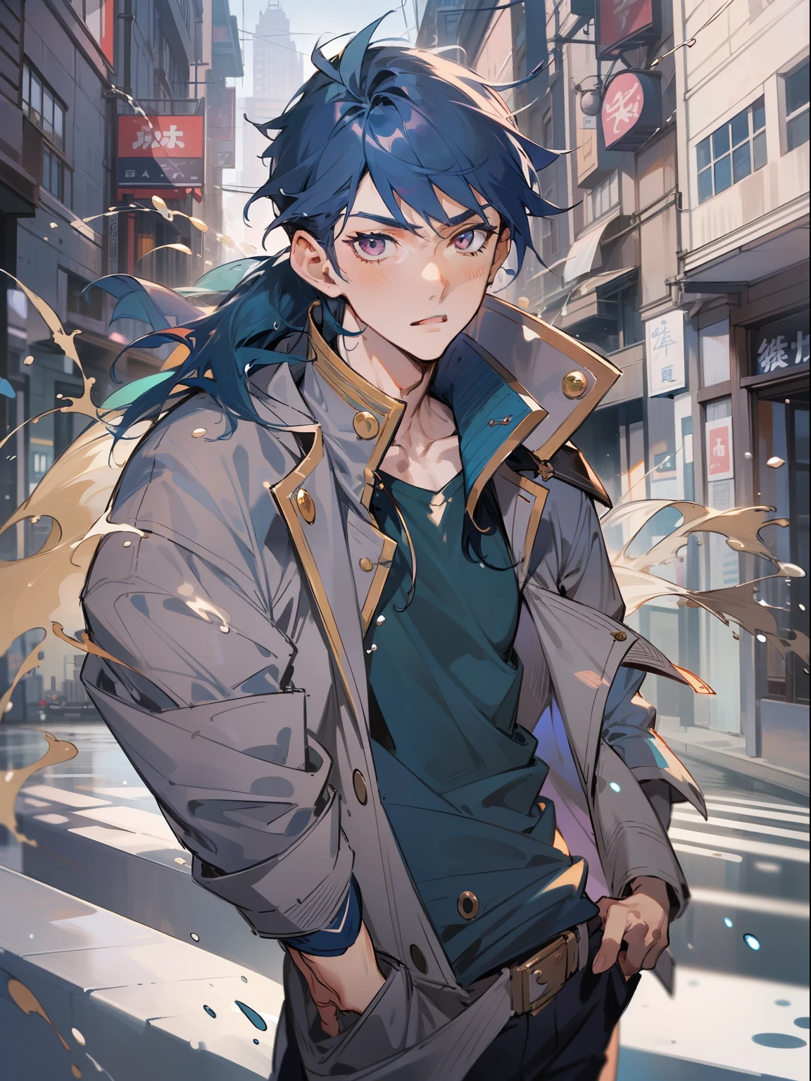 Ultra Detail,Haig Quality,sketch,1boy,matured male,Beautiful face,(navy blue hair,splash outside hair:1.3),Handsome men,Pearl skin,black T shirt,city street,moss green mods coat,Dynamic Angle,Japan Anime,pink eyes,