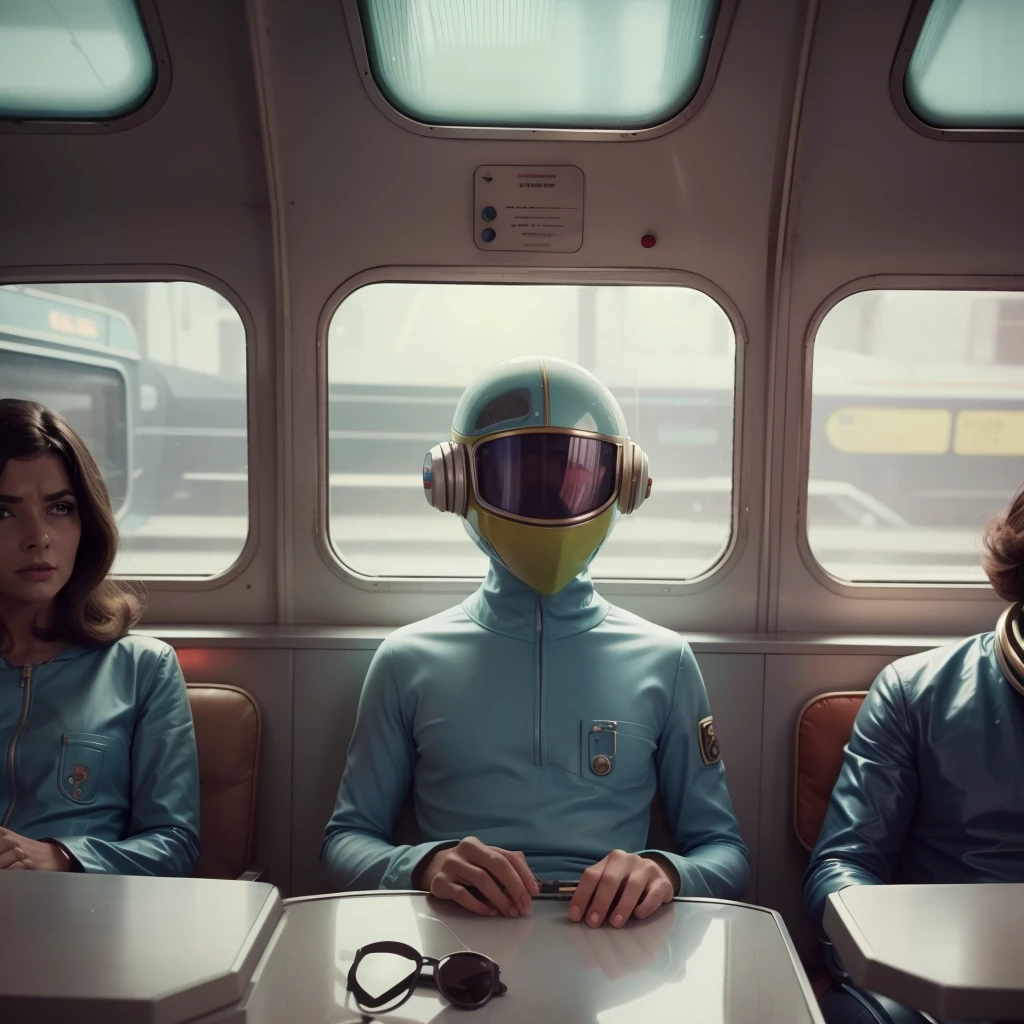 4k image from a 1960s science fiction film, Imagem do filme de Wes Anderson, pastels colors, Students in alien masks and a woman in a glass helmet are wearing retro-futuristic fashion clothes and futuristic technological ornaments and devices on the bus, Luz Natural, cinemactic, Psicodelia, retro-futurista,