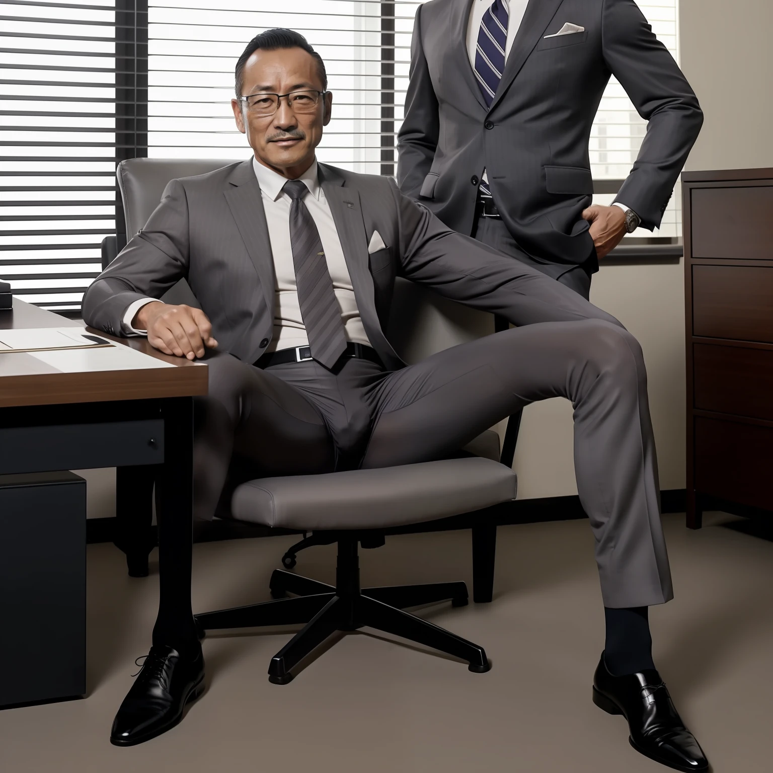 50yearsold，Hidetoshi Nakata，（Kogoro Mouri 1.3），Shirtless，Tong，Bulge，office room，sitted，black long socks，Thin，musculature，lbeard，fortitude，artwork of a，tmasterpiece，k hd，ssmile，wearing a tights，Gray suit，two guys