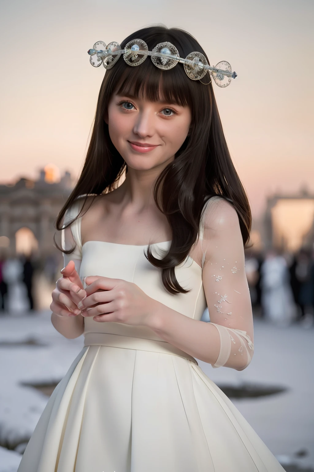 (Masterpiece),(Best quality),(Ultra-detailed), (full bodyesbian:1.2),
2girls,duo,princess eyes,on the Castel Sant'Angelo of Rome,navel,winter,Snow,crowd,Cute, Smile, Open mouth, Blurry, bangs, Black hair,
(Beautiful detailed face), (Beautiful detailed eyes),