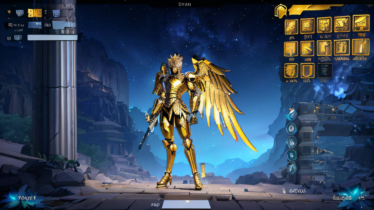 Close-up of a man standing on stage with a sword, angelic golden armor, knights of zodiac girl, unreal engine render saint seiya, gilded shiny armour, golden goddess athena, Light gold armor, gold armor, Wearing gold armor, Gold armor, gold wings, sleek gold armor, Golden armor, wearing golden armor, armor angle with wing, Epic angel wings,Slate stage,Broken Roman columns,Starry sky in the dark night,Mountain shrines on the left and right
