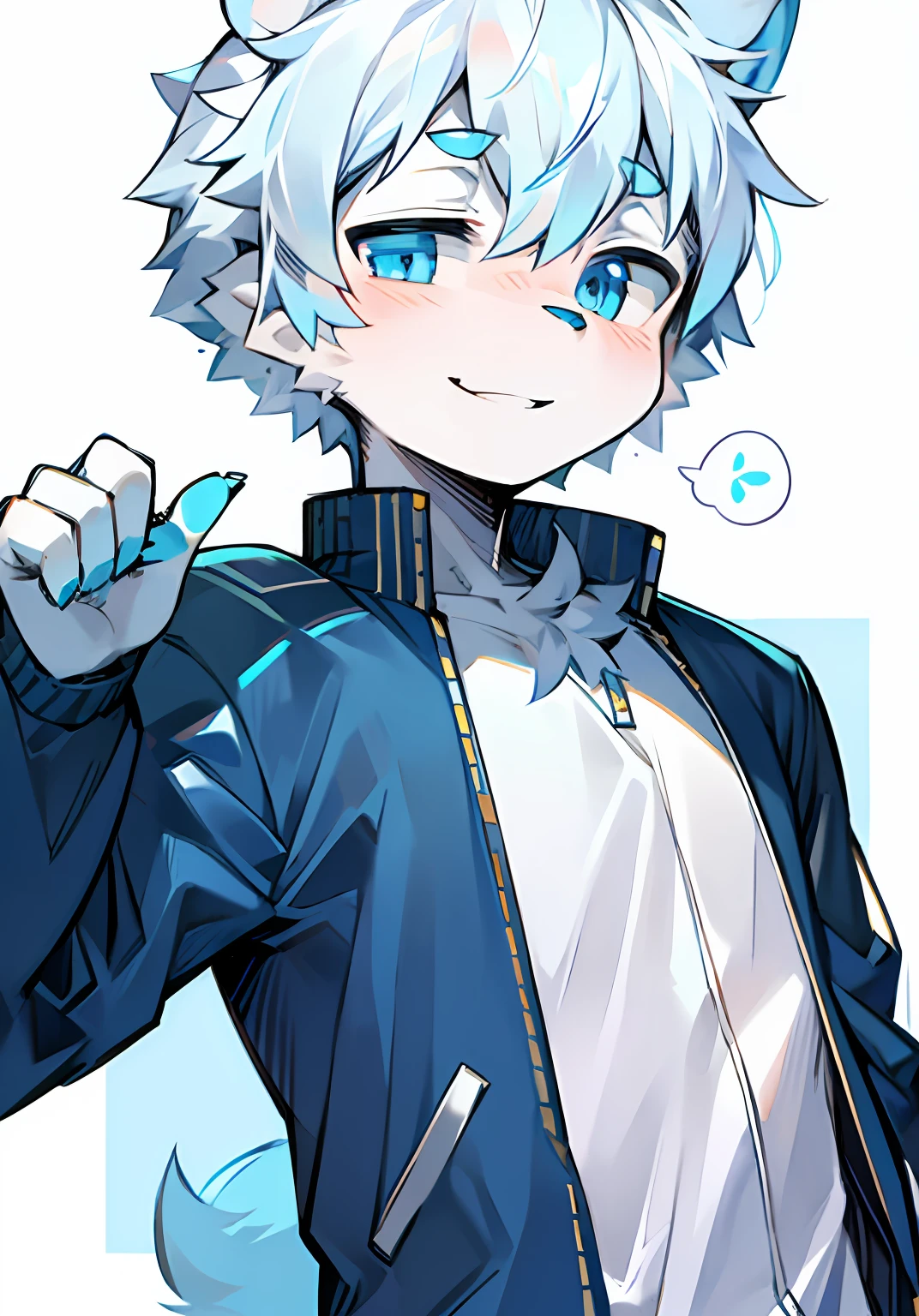 1boy(Shyness 1.2)(smile1.1)Light blue baseball jacket,blue colored eyes,White hair,The upper part of the body,beast ear,with a pure white background