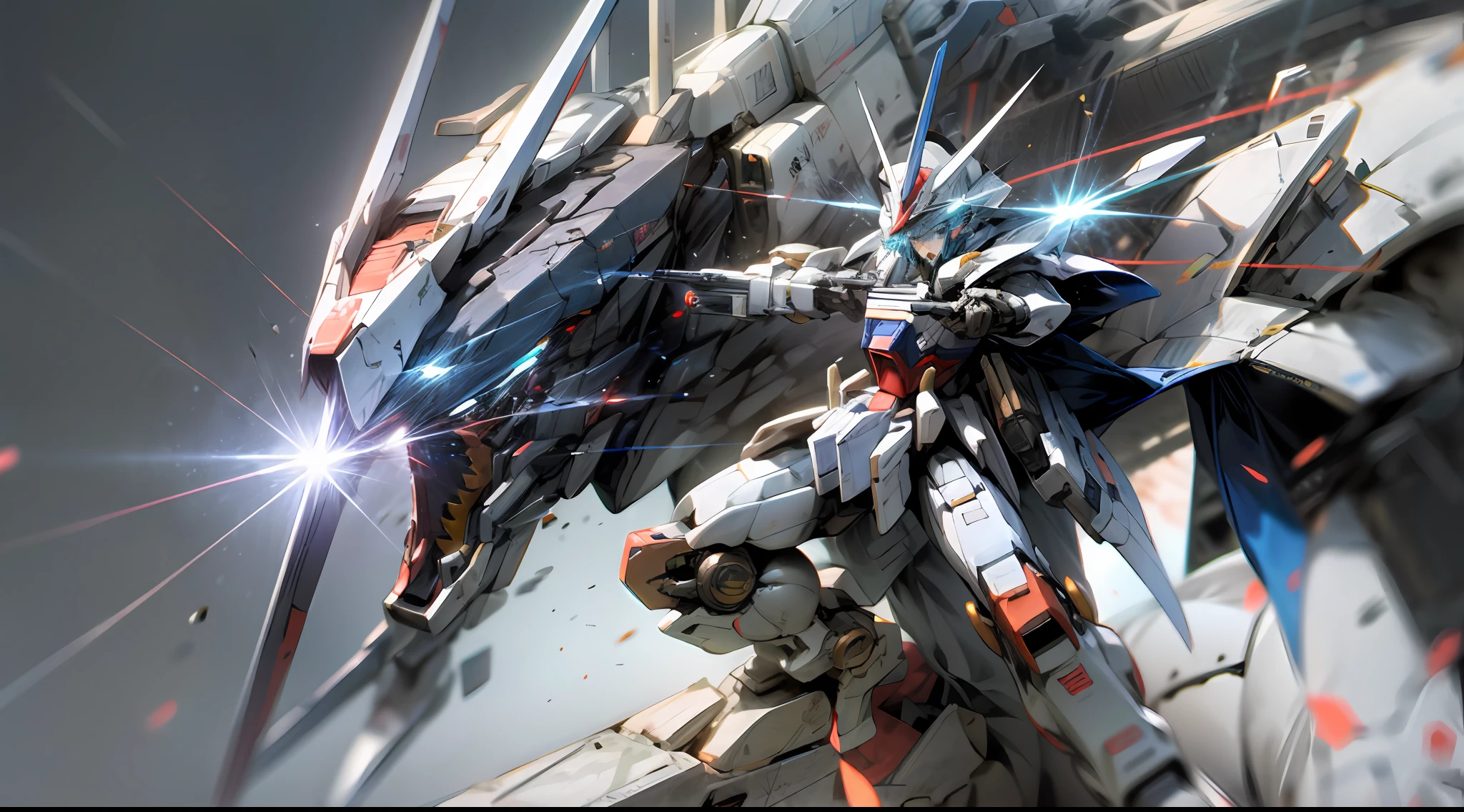 Super real，Boy mech，full bodyesbian，Full body mecha，Dragon head mech，Lifelike，combat state，battleground background，Laser cannon，Laser sword，Blue eyes，A detailed，in mecha style，Gundam Warrior，Japanese anime，battleground background，wallpaper hd，8K，mecha