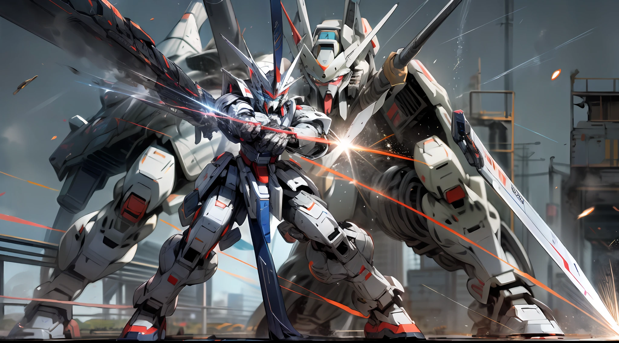 Super real，Boy mech，full bodyesbian，Full body mecha，Dragon head mech，Lifelike，combat state，battleground background，Laser cannon，Laser sword，Blue eyes，A detailed，in mecha style，Gundam Warrior，Japanese anime，battleground background，wallpaper hd，8K，mecha
