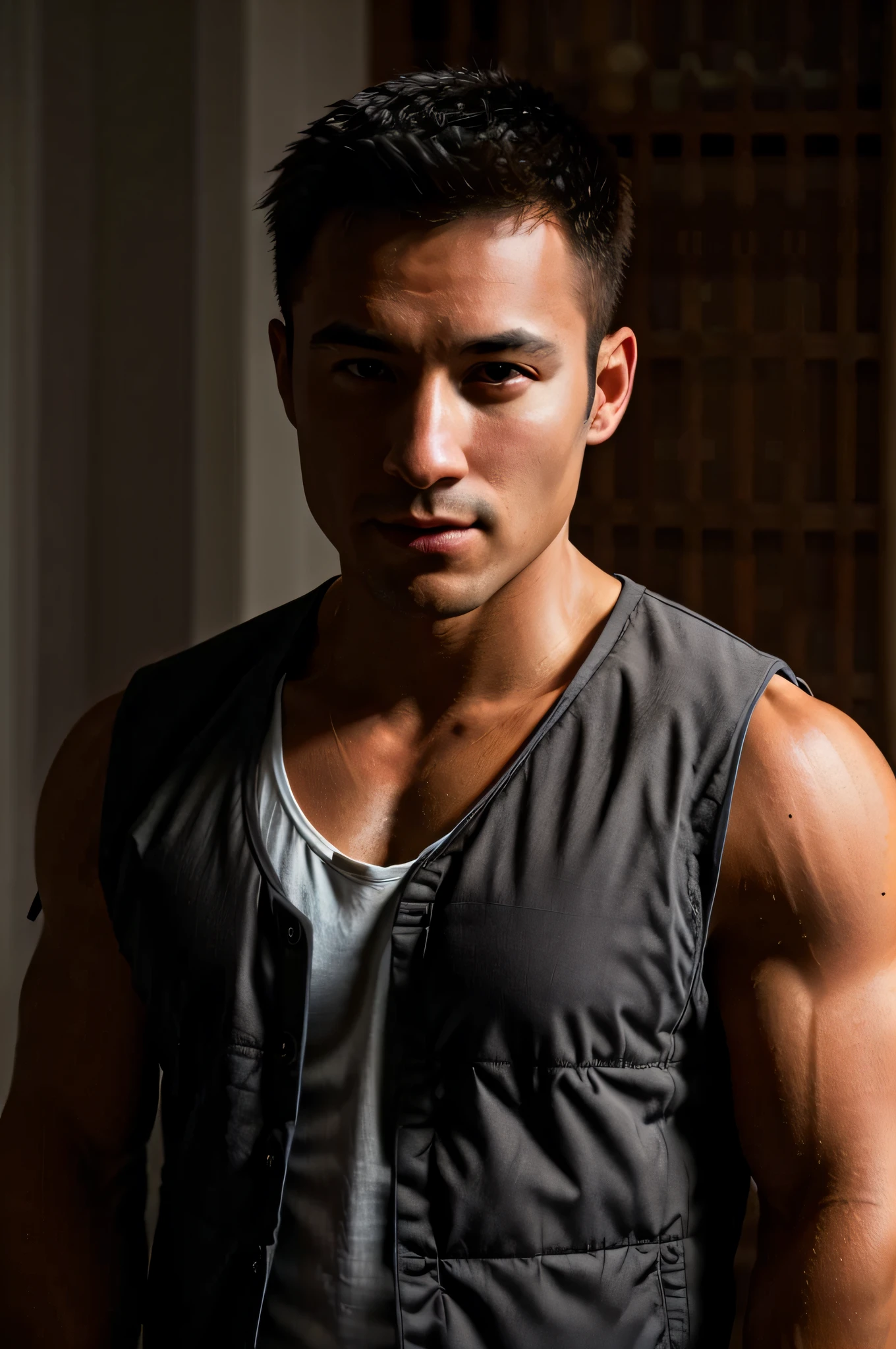 1man,A 30-year-old muscular man with a scumbag,Wear a vest,Upper body,gentlesoftlighting,tmasterpiece,best qualtiy,8K UHD,digital SLR camera,filmgrain,Midjourney and greg rutkowski's Fujifilm XT3 realistic painting art