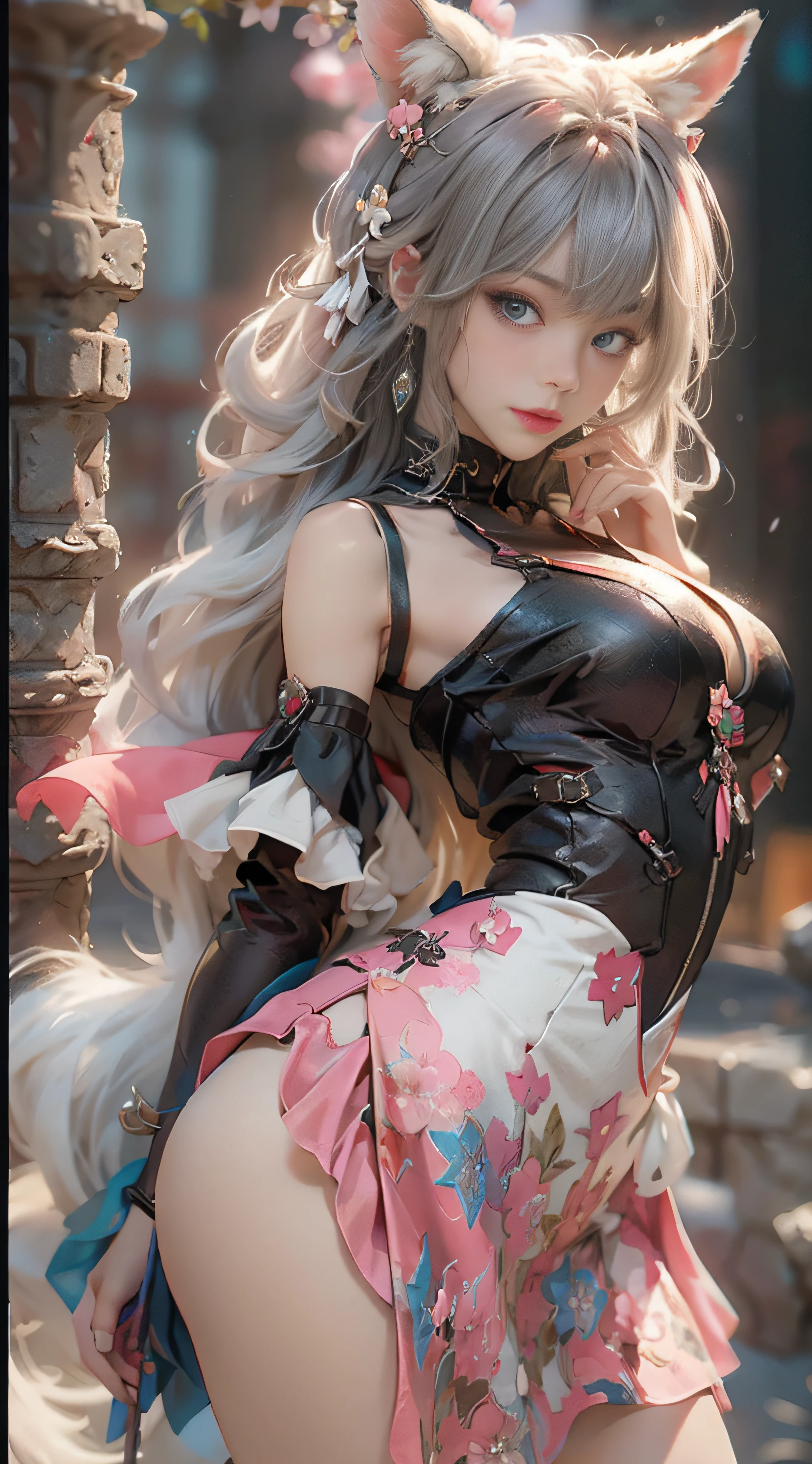 （（best qualtiy））， （（tmasterpiece））， （detail：1.4）， Beautiful cyberpunk female images，hdr（HighDynamicRange），Ray traching，NVIDIA RTX，Hyper-Resolution，illusory 5，sub surface scattering，PBR textures，post-proces，Anisotropy Filtering，depth of fields，maximum definition and sharpness，Many-Layer Textures，Albedo e mapas Speculares，Surface coloring，Mitsu-Accurate simulation of material interactions，perfectly proportioned，rendering by octane，Two-colored light，largeaperture，Low ISO，White balance，Rule three points、8K raw data、Beautiful bright blue pupils，off-the-shoulder clothes，Fine pupils，Delicate face and eyes，long eyelasher，Blushlush，Delicate and fluffy hair，pink lip，Pure，Cute face，Sweet girl，Artistic sense，Casual wear，Advancedsense，butterflys，Cherry blossom petal，Beautiful hair accessories，Long hair and waist，Hair fluttering in the wind，Snow-white fox ears，curlies，Snow-white fluffy tail，Positive light，The light from the back window is backlighted
