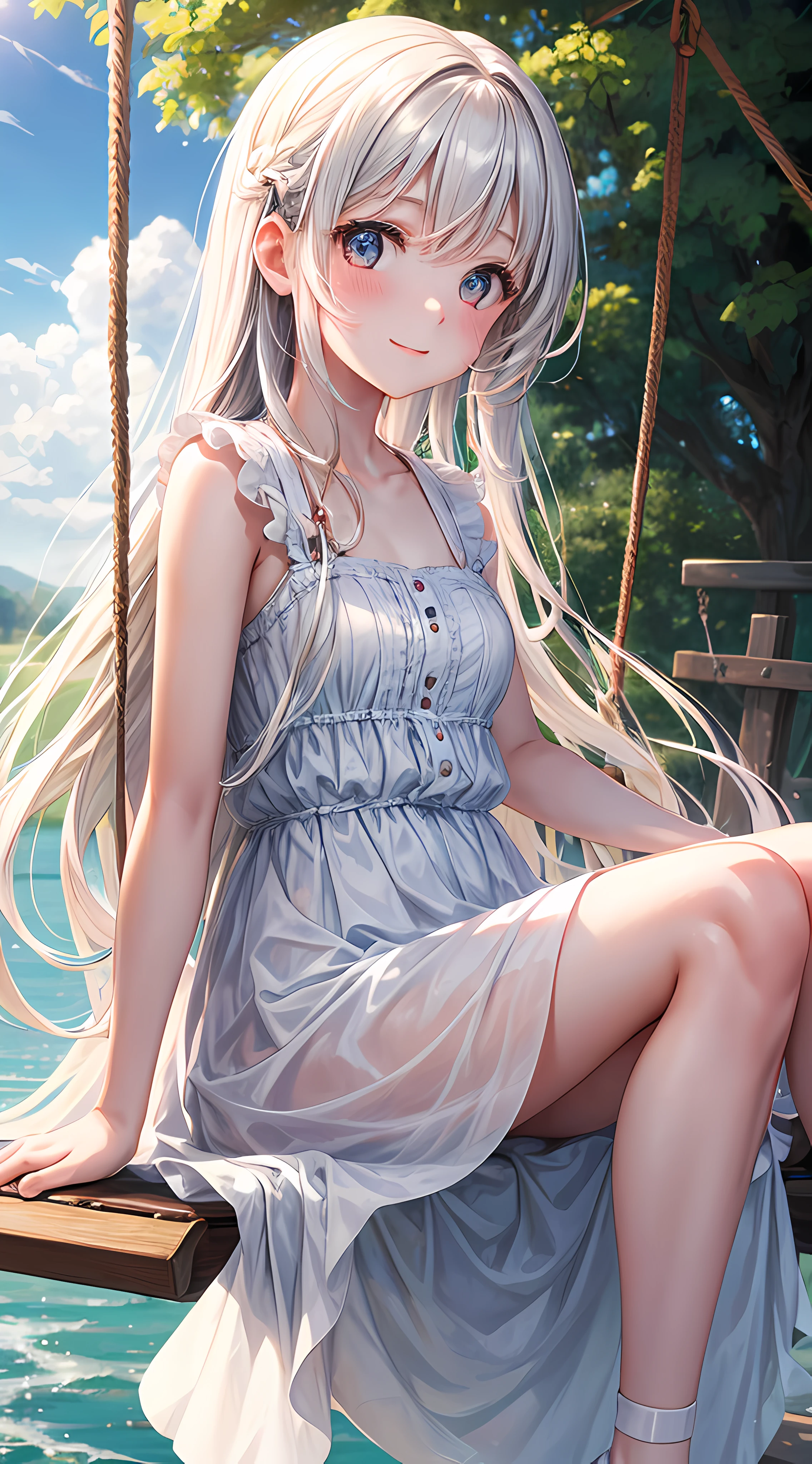 1girl, white dress, long hair, happy face, sitting on a swing, beautiful sky, soft light, river