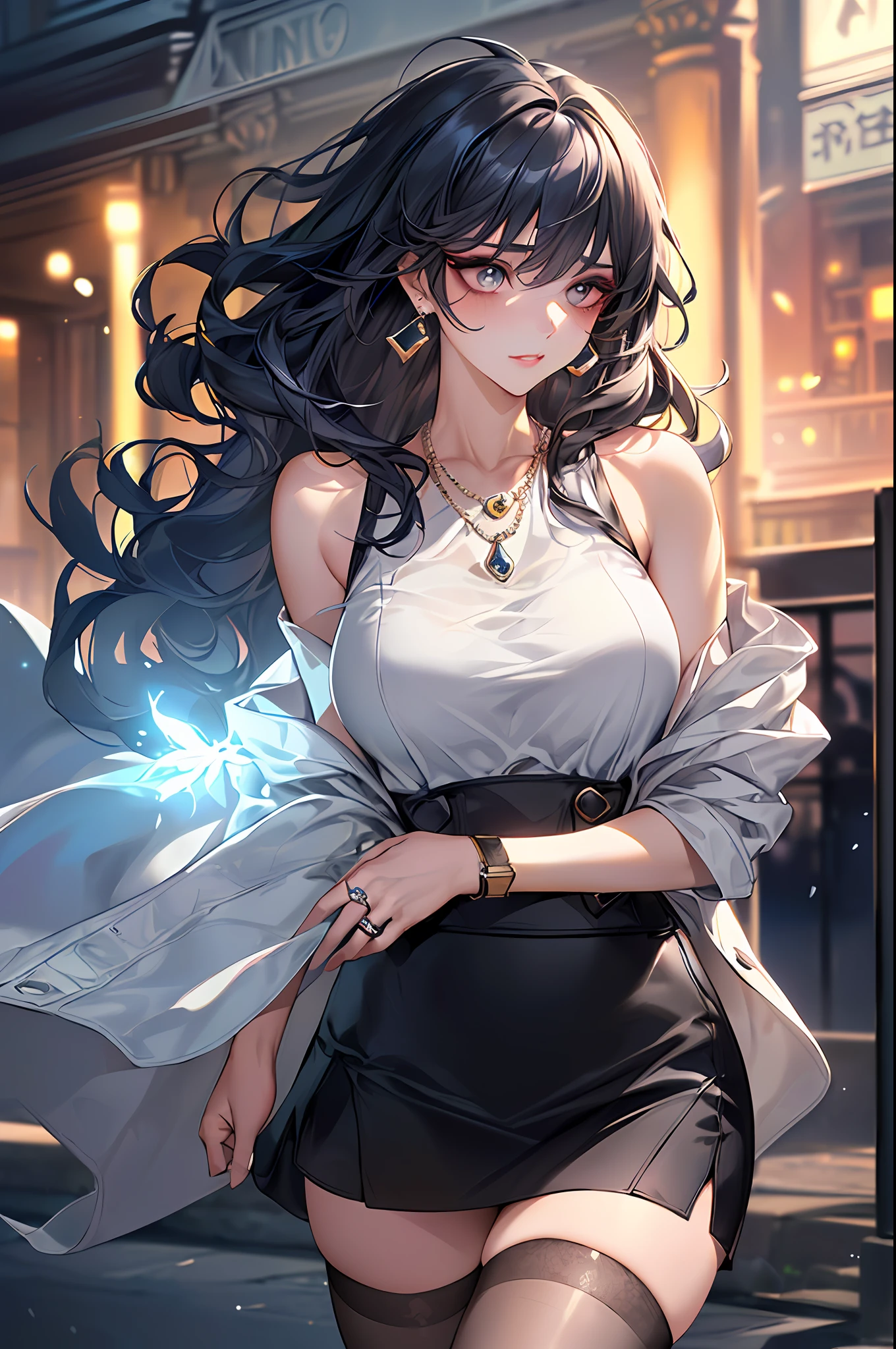 Morning,Black color hair,(best qualtiy,8K,tmasterpiece),(Outside the building,Stand outside the building,There was a cold breeze blowing,Capture),(A pretty maiden,having fun,cabelos preto e longos,Long messy hair,curlies,Huge eyes:1.3,Long eyelashes,Delicate makeup:1.4,Sexy lips,Blushlush),(Exquisite watches,Reflective necklace,Bulgari's earrings,Bulgari's ring),(Outside the building,Stand outside the building,There was a cold breeze blowing,Capture),(Fashionable outfits,Wear loose white clothing,baggy clothes,cropped shoulders,),(middle breasts,endure),(Black oily transparent stockings),(Very short skirt,Superskirt),Light ripe,Royal Sister,Best light,Best shadow,电影灯光,28 years old,1girll,Need,(realskin,Supple skin)Ray traching,Unreal Engine 5,Reflective skin,Digital illustration,Game CG characters,super model,(kpop,heartthrob),(Body edge lighting,Colored light sources are around),There is wind blowing hair,Looking into the distance