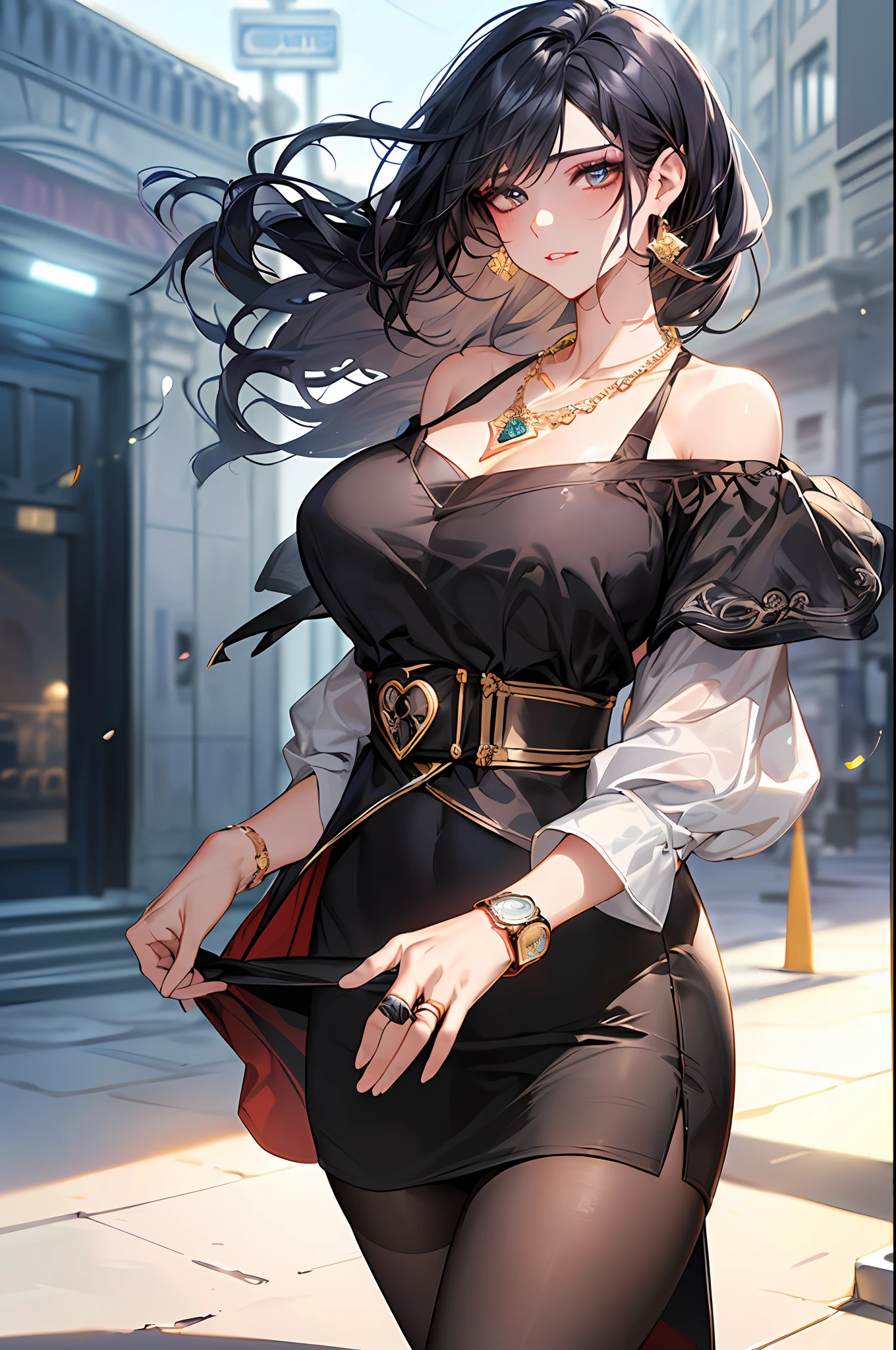 Morning,Black color hair,(best qualtiy,8K,tmasterpiece),(Outside the building,Stand outside the building,There was a cold breeze blowing,Capture),(A pretty maiden,having fun,cabelos preto e longos,Long messy hair,curlies,Huge eyes:1.3,Long eyelashes,Delicate makeup:1.4,Sexy lips,Blushlush),(Exquisite watches,Reflective necklace,Bulgari's earrings,Bulgari's ring),(Outside the building,Stand outside the building,There was a cold breeze blowing,Capture),(Fashionable outfits,Wear loose white clothing,baggy clothes,cropped shoulders,),(middle breasts,endure),(Black oily transparent stockings),(Very short skirt,Superskirt),Light ripe,Royal Sister,Best light,Best shadow,电影灯光,28 years old,1girll,Need,(realskin,Supple skin)Ray traching,Unreal Engine 5,Reflective skin,Digital illustration,Game CG characters,super model,(kpop,heartthrob),(Body edge lighting,Colored light sources are around),There is wind blowing hair,Looking into the distance