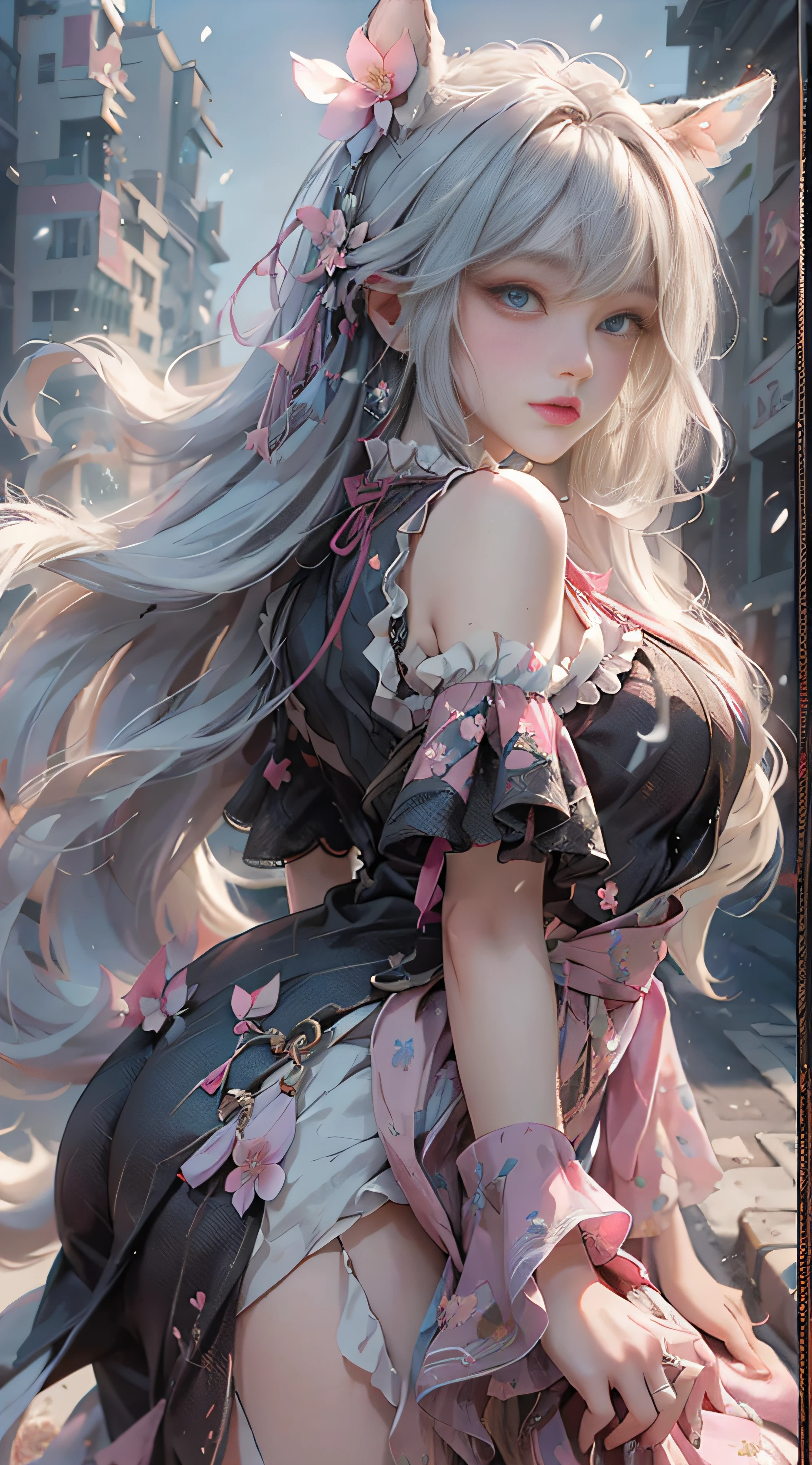 ((best qualtiy)), ((tmasterpiece)), (detail:1.4), Beautiful cyberpunk female images,hdr(HighDynamicRange),Ray traching,NVIDIA RTX,Hyper-Resolution,illusory 5,sub surface scattering,PBR textures,post-proces,Anisotropy Filtering,depth of fields,maximum definition and sharpness,Many-Layer Textures,Albedo e mapas Speculares,Surface coloring,Mitsu-Accurate simulation of material interactions,perfectly proportioned,rendering by octane,Two-colored light,largeaperture,Low ISO,White balance,Rule three points、8K raw data、Beautiful bright blue pupils,off-the-shoulder clothes,Fine pupils,Delicate face and eyes,long eyelasher,Blushlush,Delicate and fluffy hair,pink lip,Pure,Cute face,Sweet girl,Artistic sense,Casual wear,Advancedsense,butterflys,Cherry blossom petal,Beautiful hair accessories,Long hair and waist,Hair fluttering in the wind,Snow-white fox ears,curlies,Snow-white fluffy tail,Positive light,The light from the back window is backlighted