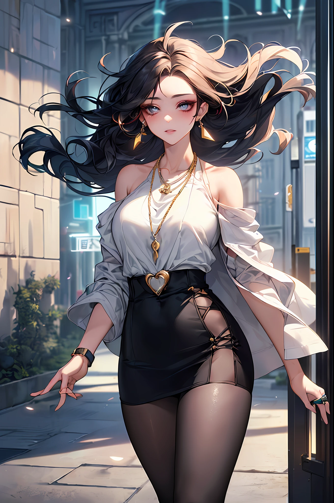 Morning,Black color hair,(best qualtiy,8K,tmasterpiece),(Outside the building,Stand outside the building,There was a cold breeze blowing,Capture),(A pretty maiden,having fun,cabelos preto e longos,Long messy hair,curlies,Huge eyes:1.3,Long eyelashes,Delicate makeup:1.4,Sexy lips,Blushlush),(Exquisite watches,Reflective necklace,Bulgari's earrings,Bulgari's ring),(Outside the building,Stand outside the building,There was a cold breeze blowing,Capture),(Fashionable outfits,Wear loose white clothing,baggy clothes,cropped shoulders,),(middle breasts,endure),(Black oily transparent stockings),(Very short skirt,Superskirt),Light ripe,Royal Sister,Best light,Best shadow,电影灯光,28 years old,1girll,Need,(realskin,Supple skin)Ray traching,Unreal Engine 5,Reflective skin,Digital illustration,Game CG characters,super model,(kpop,heartthrob),(Body edge lighting,Colored light sources are around),There is wind blowing hair,Looking into the distance