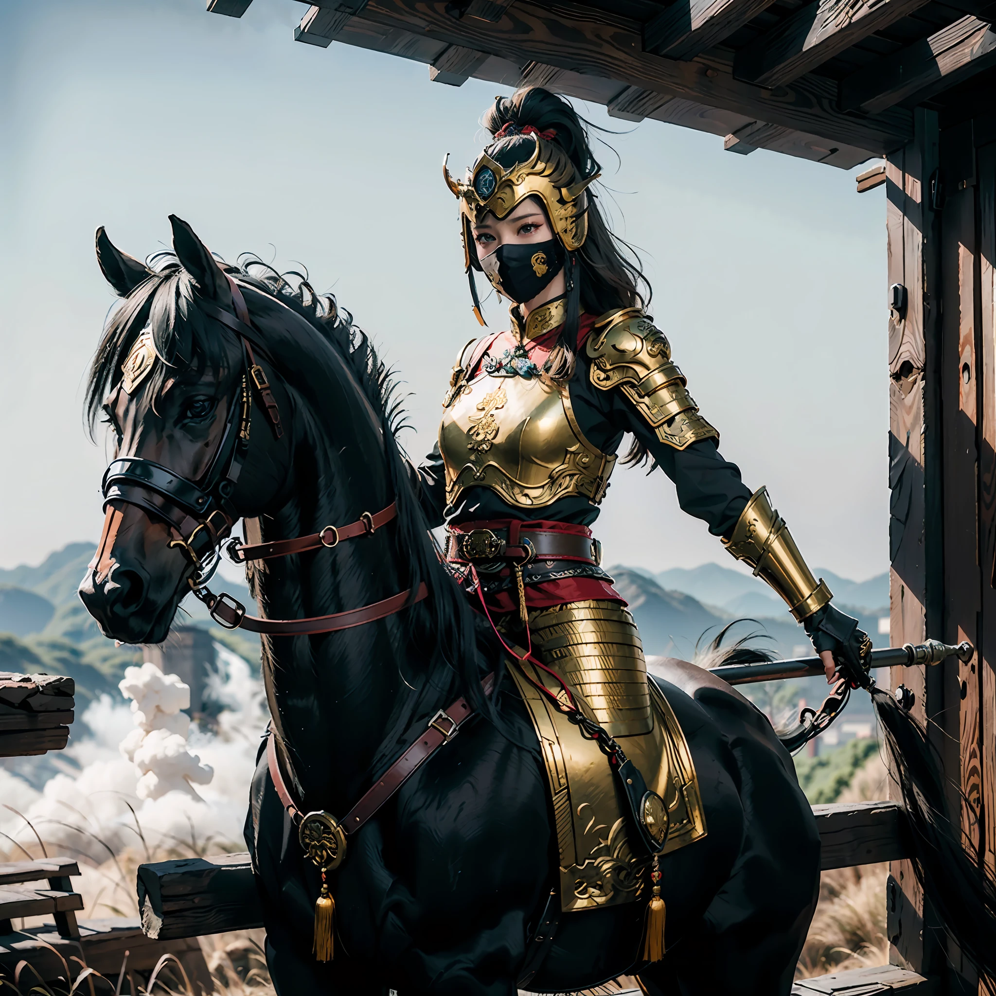 in a panoramic view，photorealestic，Modern style，Blue sky, the great wall，3girl，Wear black Chinese costumes，Dressed in gorgeous golden Chinese armor，Wears a golden helmet，Black mask mask，Riding three black war horses，holding sabre，Stand in front of the Great Wall，Sharp eyes，professinal，Meistwick，commissioned，best qualtiy，color corrected，After fixation，Retouching，Improvement，Epic，Tone-mapping，the detail， highly  detailed， digitial painting， art  stations， Conceptual map of the long dam， Smoothness， Sharp focus， Beautiful illustration， photore， The light from the back window is backlighted， 动态照明， Mist， 复杂， cinematic grain， professinal， face to the viewer，（Beautiful m3d_woman， Perfect M3D_face,）， Volumetriclighting， subsurfacescattering， Good highlights， Good shadows， cinematic ligh