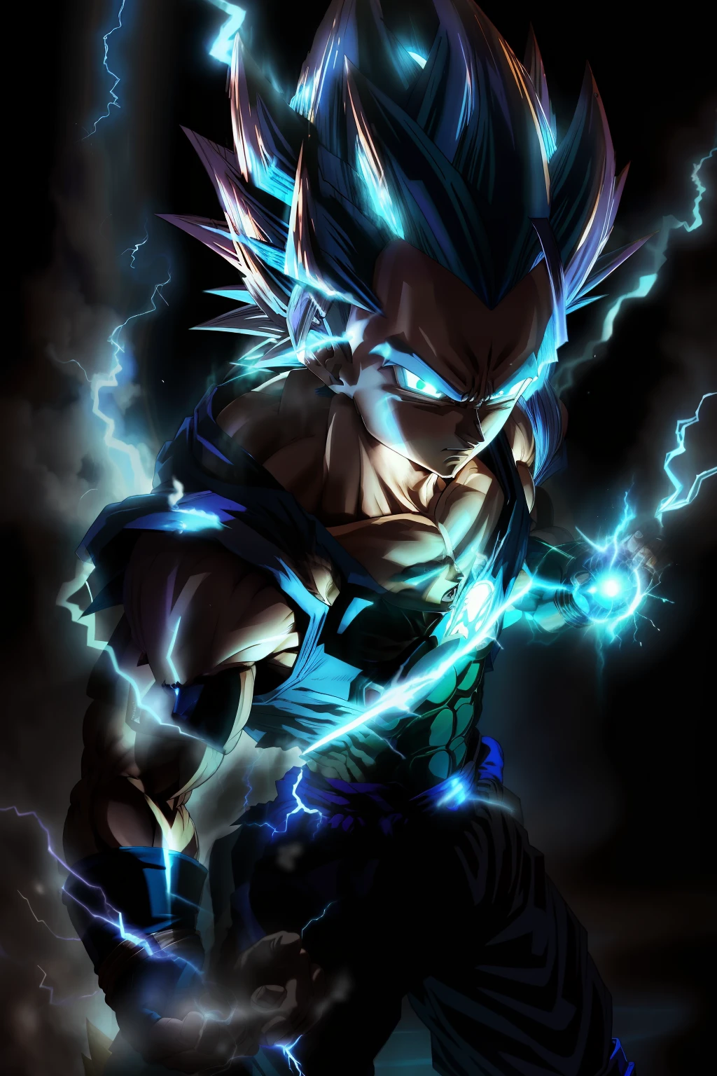 tmasterpiece，Need，Vegeta Super Saiyan Blue，Blue-haired blue lightning pointing at himself，long whitr hair