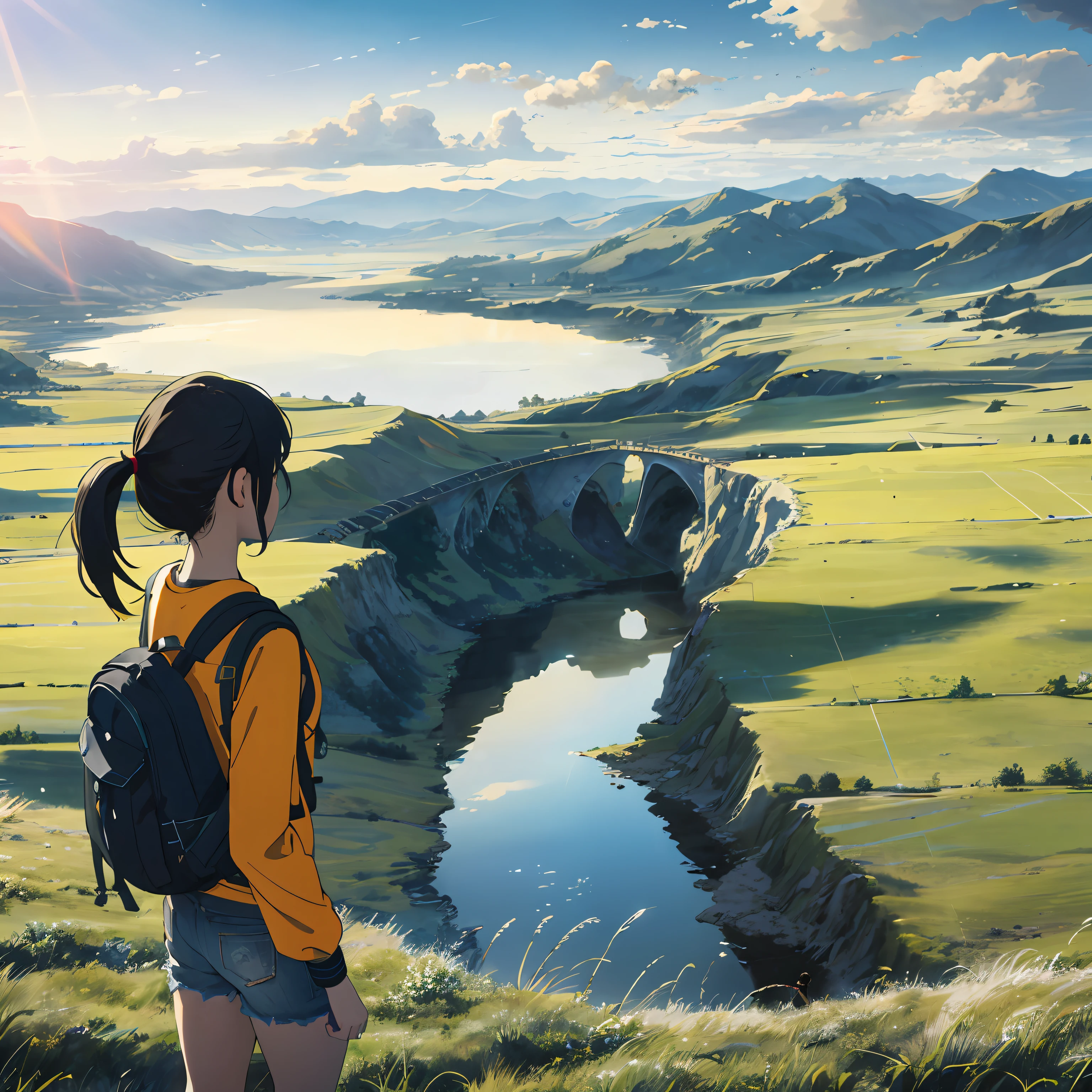 The vast sky, beautiful skyline, large grasslands, extremely tense and dramatic pictures, moving visual effects, the high-hanging Polaris, and colorful natural light. Long-sleeved top, denim shorts, and a girl with a backpack.