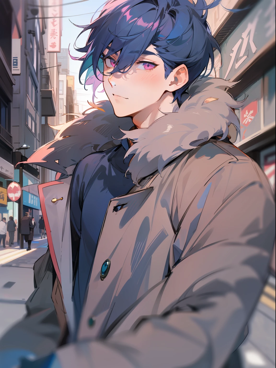 Ultra Detail,Haig Quality,sketch,1boy,matured male,Beautiful face,(navy blue hair,outside hair:1.3),Handsome men,Pearl skin,black T shirt,city street,moss green mods coat,Dynamic Angle,Japan Anime,pink eyes,