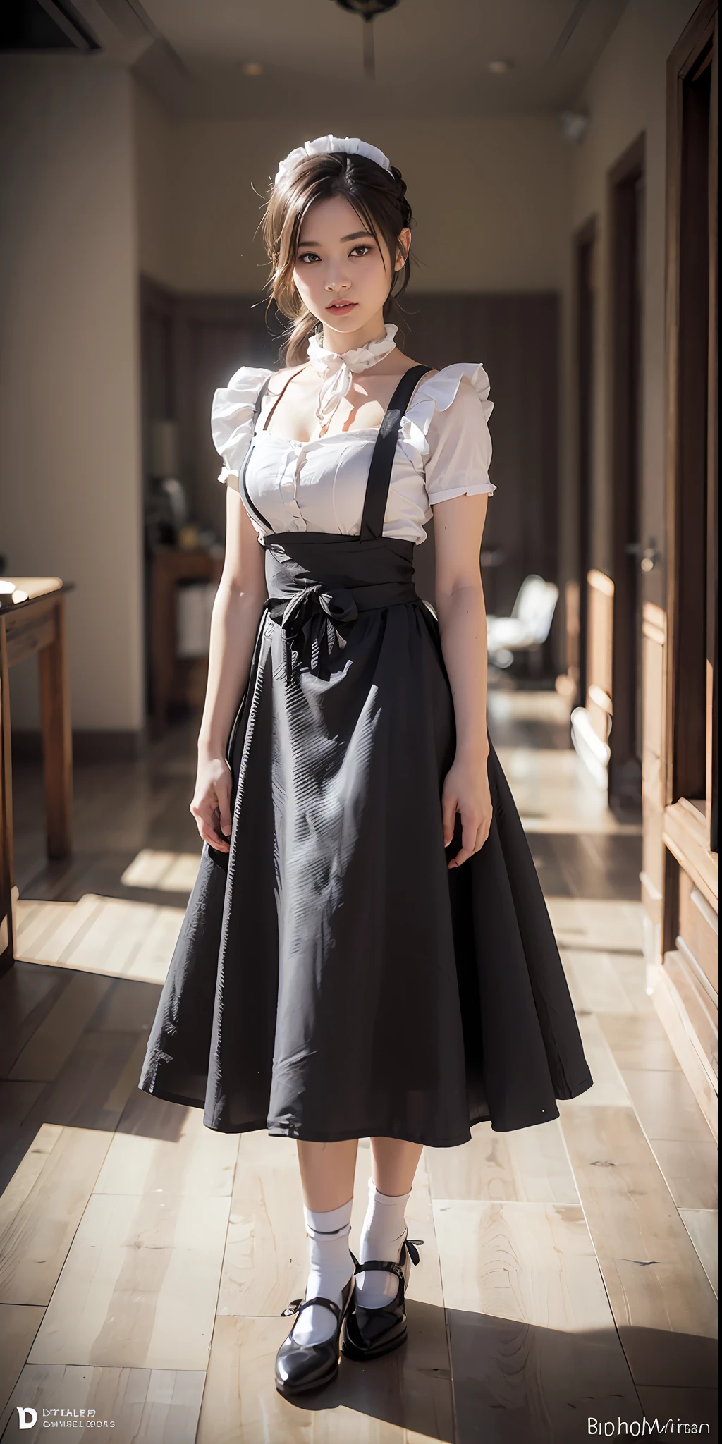 (high-detail:1.4)、(hyper realisitic:1.4)、(Smooth lighting:1.05)、32K、1womanl、24 year old Japan Victorian maid woman、Realistic lighting、Back lighting、Facial Lights、Ray tracing、(brightened light:1.2)、(Quality Improvement:1.4)、(Realistic textured skin of the highest quality:1.4)、fine detailed eyes、A detailed face、Fine quality eye、dark brown eyes、white backgrounid、White blouse、Ribbon Ties、Black long skirt、(White Apron)、Maid Katyusha、dark brown hair、Braided hair、poneyTail、(White Silk Ankle Socks、Fabric ruffles)、Black Strap Pumps、(is standing)