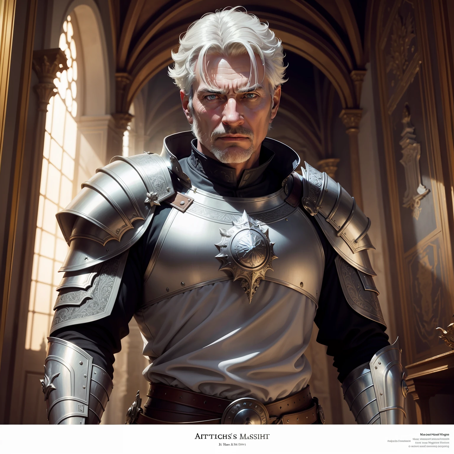 masterpiece, best quality, realistic, 1male, solo, 50-year-old, grey hair, very short hair, intricately detailed face, knight, man, white Roman medieval armor, worn armor, cinematic scene, dramatic light, 8k, determined look, Intricate details, highly detailed, Sharp focus, a digital rendering, professional, 4K, art stations, Art germ, fantasy, full body, perfect face, in the king's room inside a castle, ice magic
