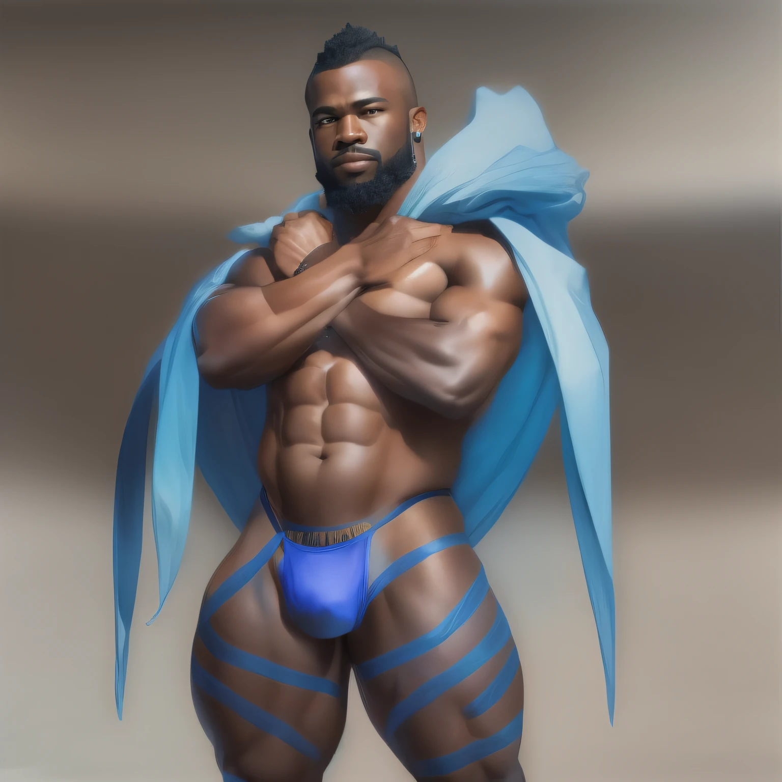 a huge muscular naked bearded black man with a tiny waist, bodybuilder wearing a blue thong, with an outrageous blue mohican haircut, standing side view, at a 90 degree angle to the viewer, with hands clasped behind his back, head turned towards the viewer, full body image, seen from a low angle