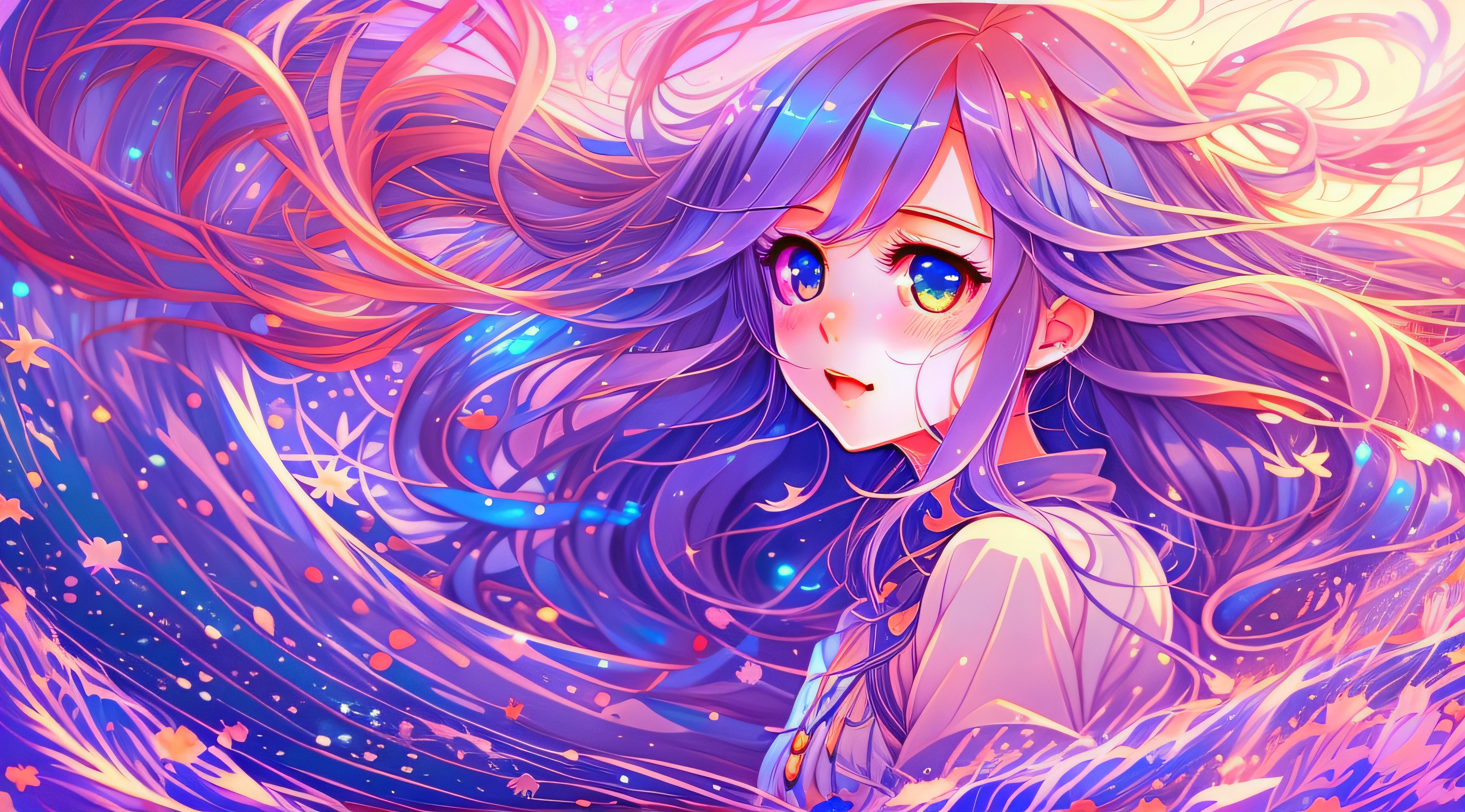 Anime girl with long hair and blue eyes in waves, anime girl with cosmic hair, Digital art on Pixiv, A beautiful artwork illustration, Cute detailed digital art, Beautiful anime artwork, Anime fantasy illustration, Detailed digital anime art, Soft anime illustration, pixiv contest winner, Loish et WLOP, Beautiful anime art, beautiful anime art style