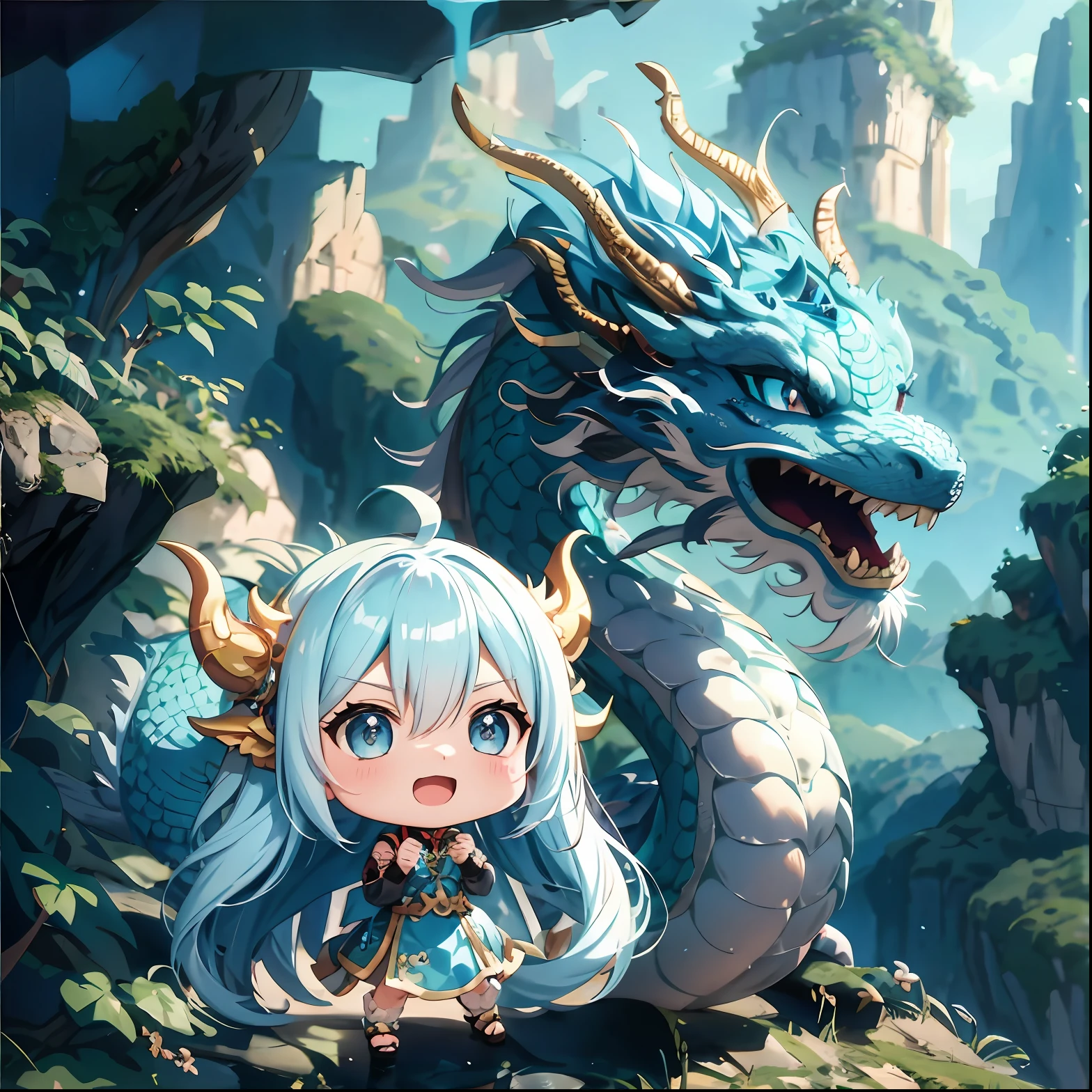 Anime girl with blue hair and dragon on the mountain, Anime fantasy illustration, Cute detailed digital art, cyan chinese dragon fantasy, the dragon girl portrait, Dragon girl, advanced digital chibi art, a cute little blue dragon, cute little dragon, Anime fantasy artwork, 2. 5 D CGI anime fantasy artwork, anime in fantasy style, Chibi Art, Detailed digital anime art