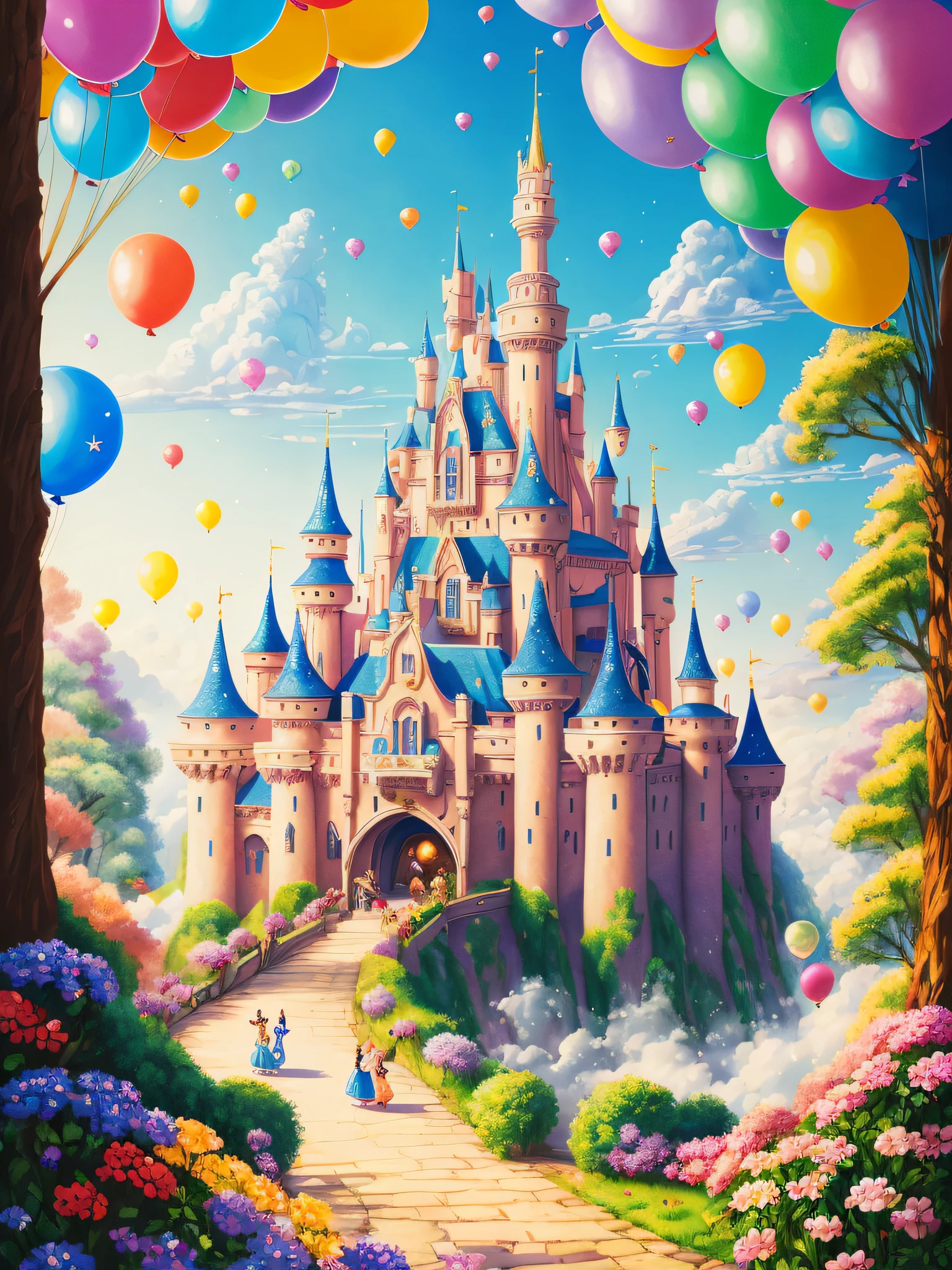 There is a painting of a castle,There are many balloons flying around, Magical castle, Fantasy castle, fairytale artwork, Disneyland background, magic fantasy highly detailed, Beautiful castle, fairytale painting, flying cloud castle, fantasy highly detailed, disney art, Disneyland Castle, The background is Disneyland Castle, disney artstyle, beautiful detailed fantasy, disney artstyle, beautiful render of a fairytale