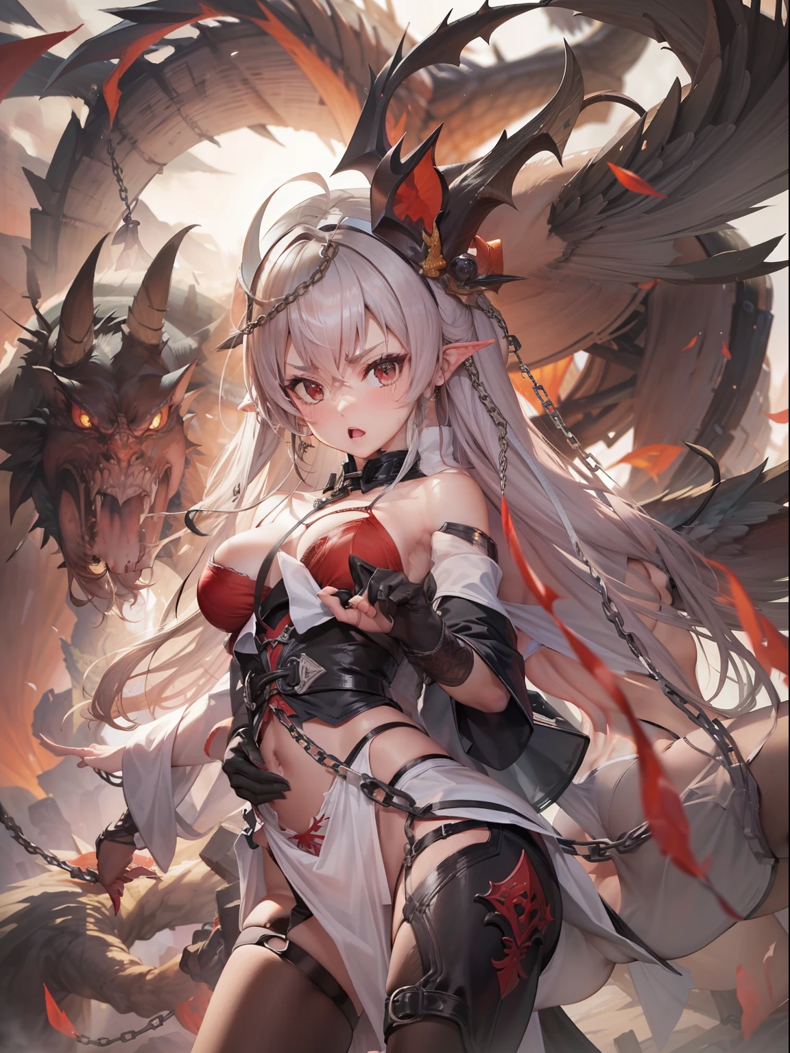 (8K、top-quality、masterpiece:1.2)、(realisitic、Photorealsitic:1.4)、vibrant detail、looking in camera、looking down to viewer、Open legs、Perfection is a female warrior of provocacy、Angry、mideum breasts、Trained abs、Dragon Wings、The back of the hand with claws on both hands、Beautiful udder、Erect papillae、perspiring、gargantilha、Hand flail、Chain restraint、Damaged、suffer