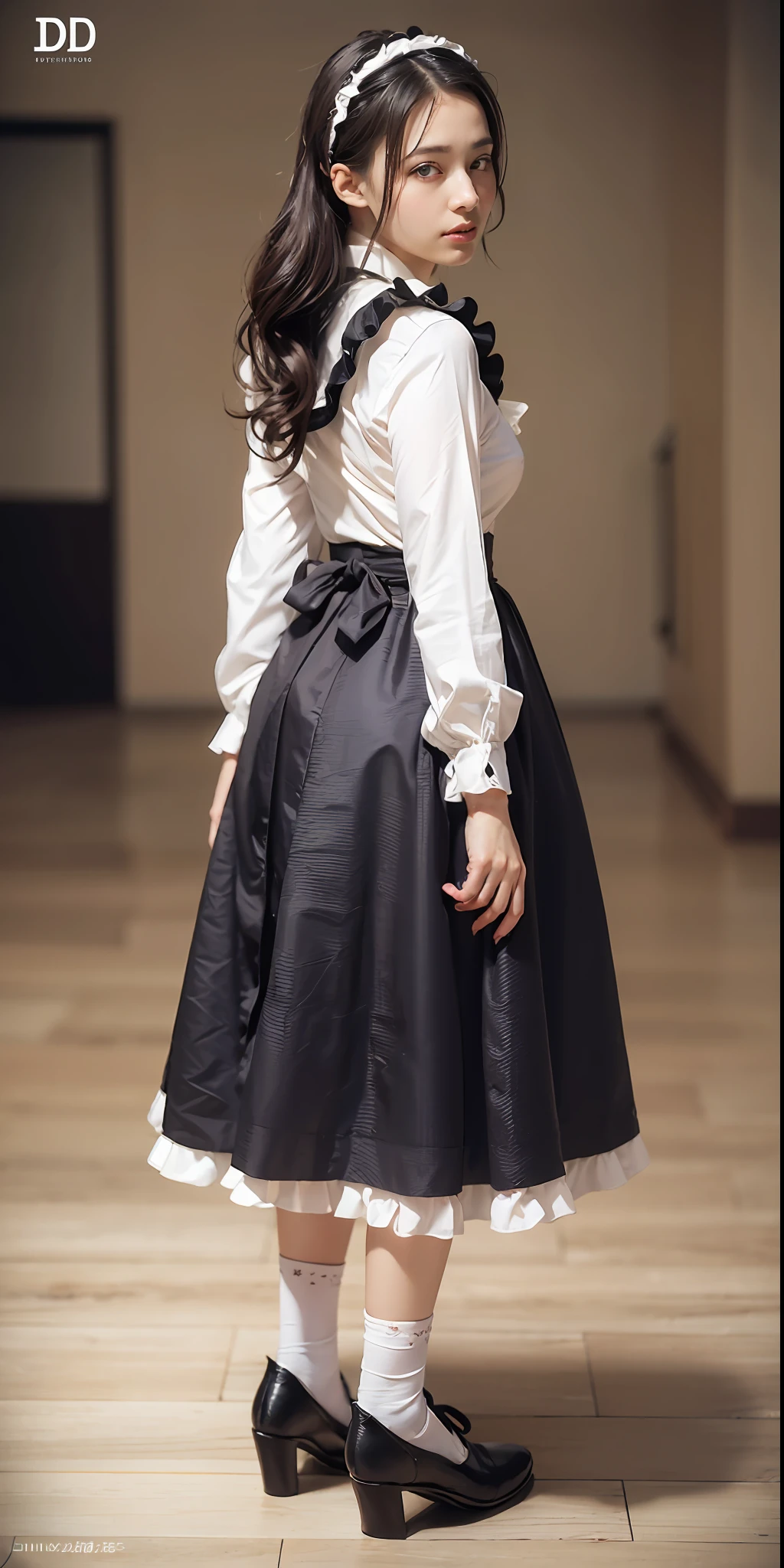 (high-detail:1.4)、(hyper realisitic:1.4)、(Smooth lighting:1.05)、32K、1womanl、24 year old Japan Victorian maid woman、Realistic lighting、Back lighting、Facial Lights、Ray tracing、(brightened light:1.2)、(Quality Improvement:1.4)、(Realistic textured skin of the highest quality:1.4)、fine detailed eyes、A detailed face、Fine quality eye、dark brown eyes、white backgrounid、White blouse、Ribbon Ties、Black long skirt、(White Apron)、Maid Katyusha、dark brown hair、Braided hair、poneyTail、(White Silk Ankle Socks、Fabric ruffles)、Black Strap Pumps、(is standing)