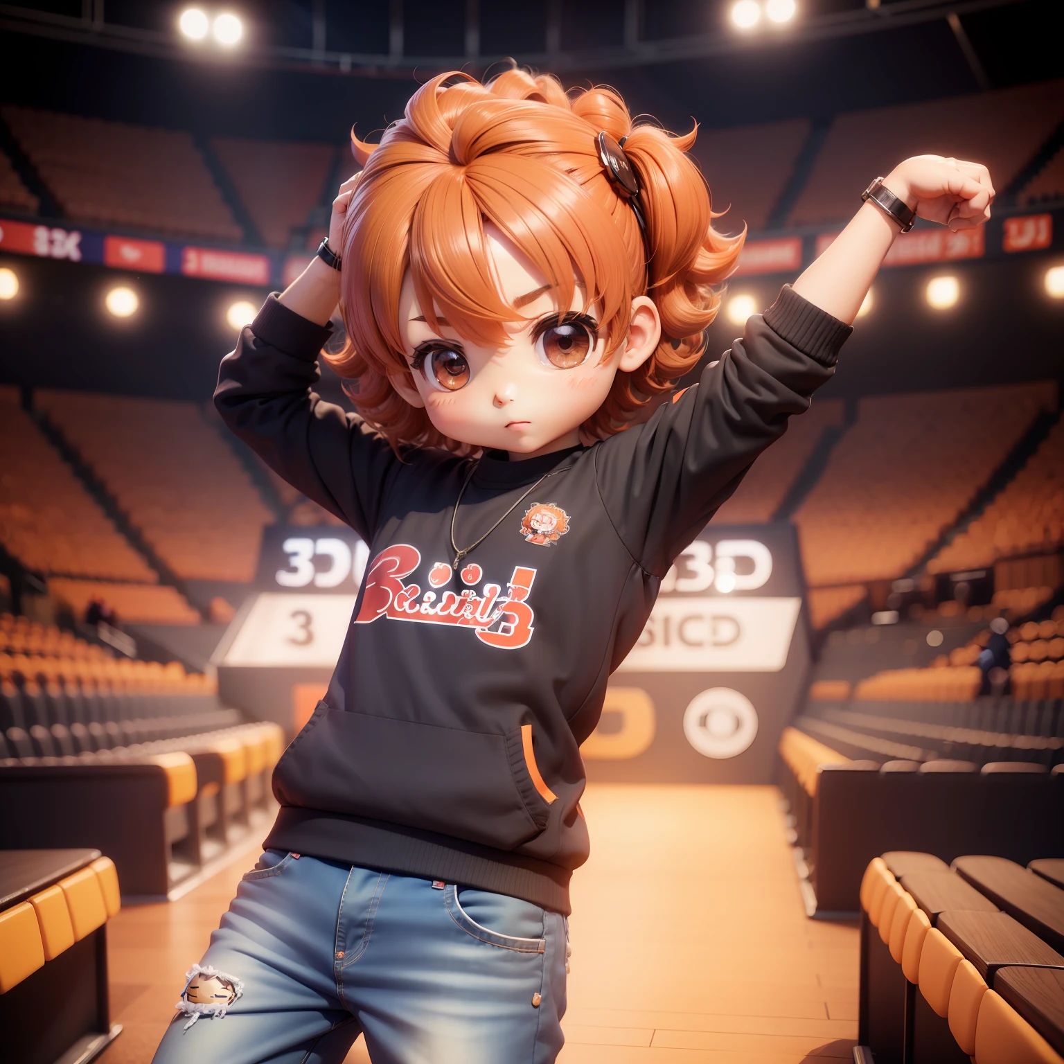 (((Chibi 3D))),Very cute and beautiful chibi anime, Man with a chilly punch perm,Wearing a stadium jumper,Wearing jeans of dabo dabo,Miniature background, Full body, Dancing, Highly detailed face and eyes, Clearly outlined, Solo,Chibi 3D.