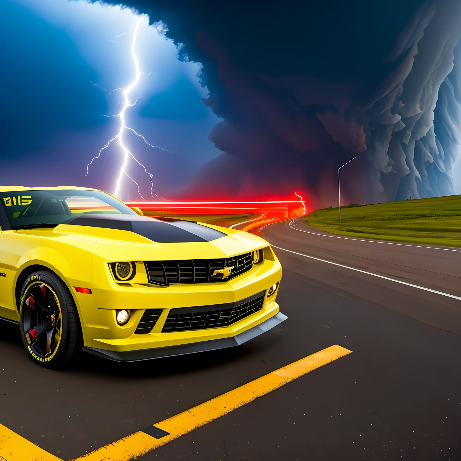 Tornado warning, chaos, yellow Camaro, highway to hell, concept art, 4k