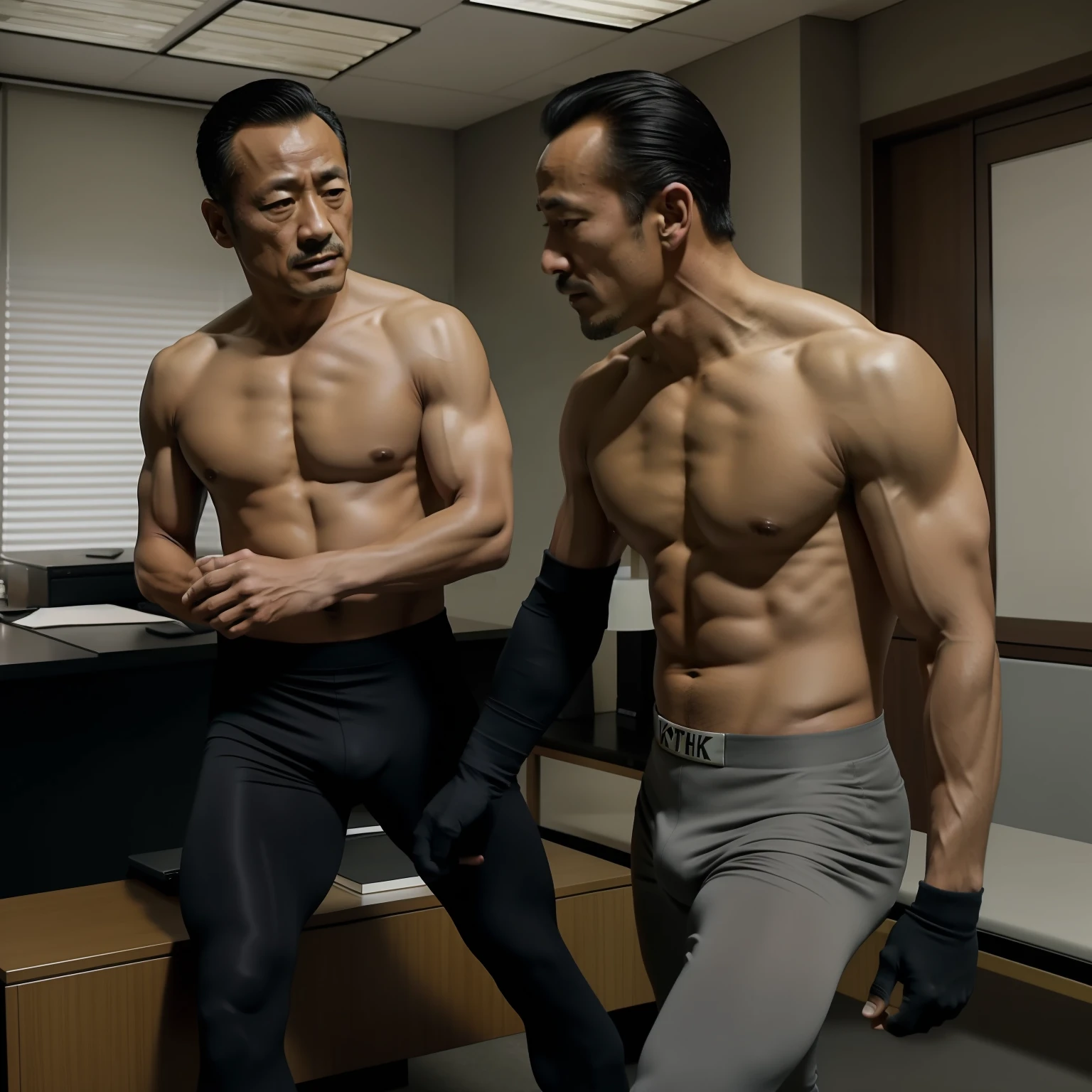 50yearsold，Hidetoshi Nakata，（Kogoro Mouri 1.3），Shirtless，Tong，Bulge，office room，sitted，black long socks，Thin，musculature，lbeard，fortitude，artwork of a，tmasterpiece，k hd，Two people fight