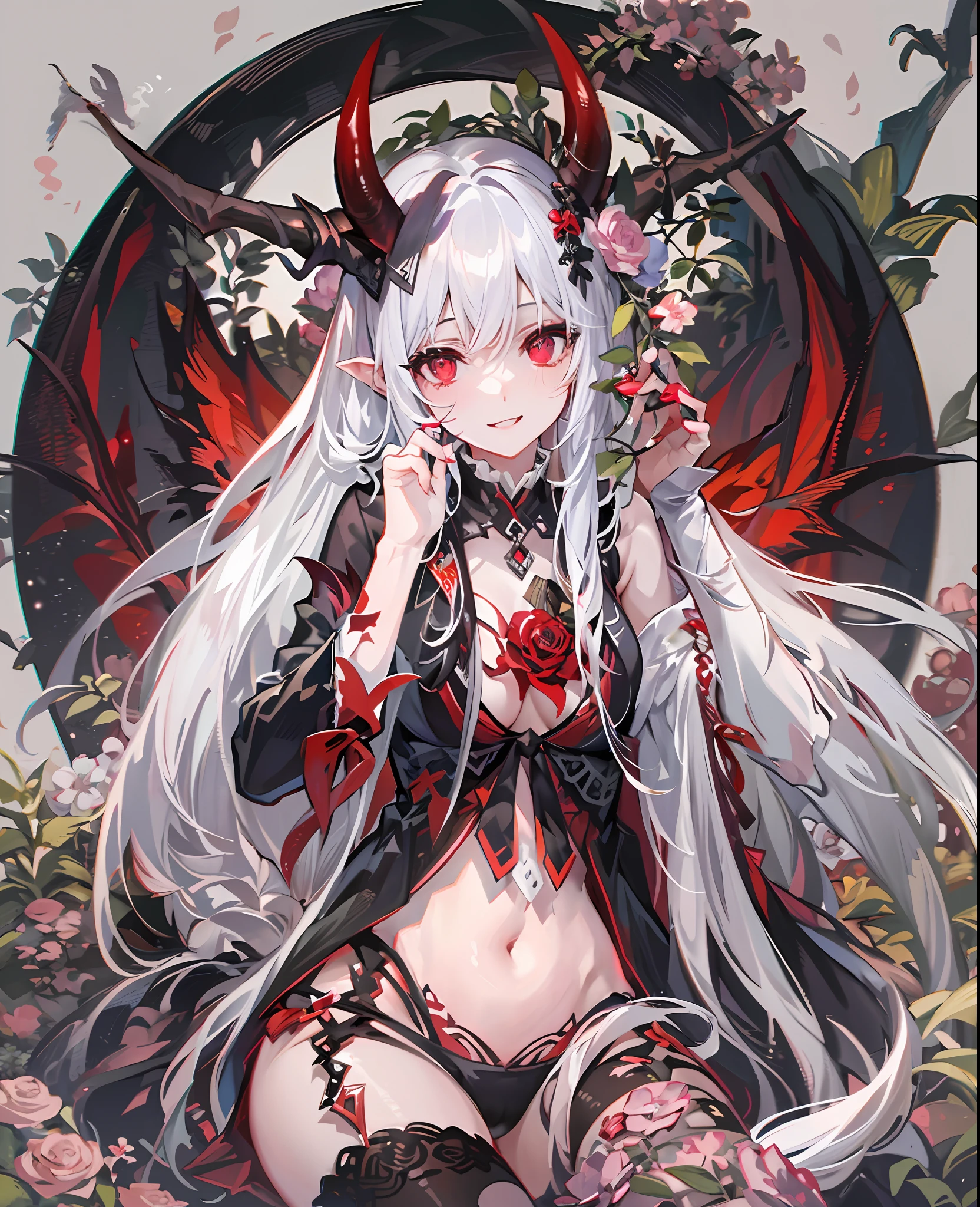 (masterpiece),(best),(Highly detailed eyes)full bodyesbian,symple background,sitting,1 Devil Girl,long shiny hair,white hair,Red eyes、((demonic horns、Devil's Wings、Devil's Tail))、feathers hair ornament,White cloak,(see -through),Navel,Pale smile,a plant,florals,fullmoon,Detective theme,((Black legwear)),chains,ruins, 1gir, in flower,black_bikini,1girl in flower,navel,