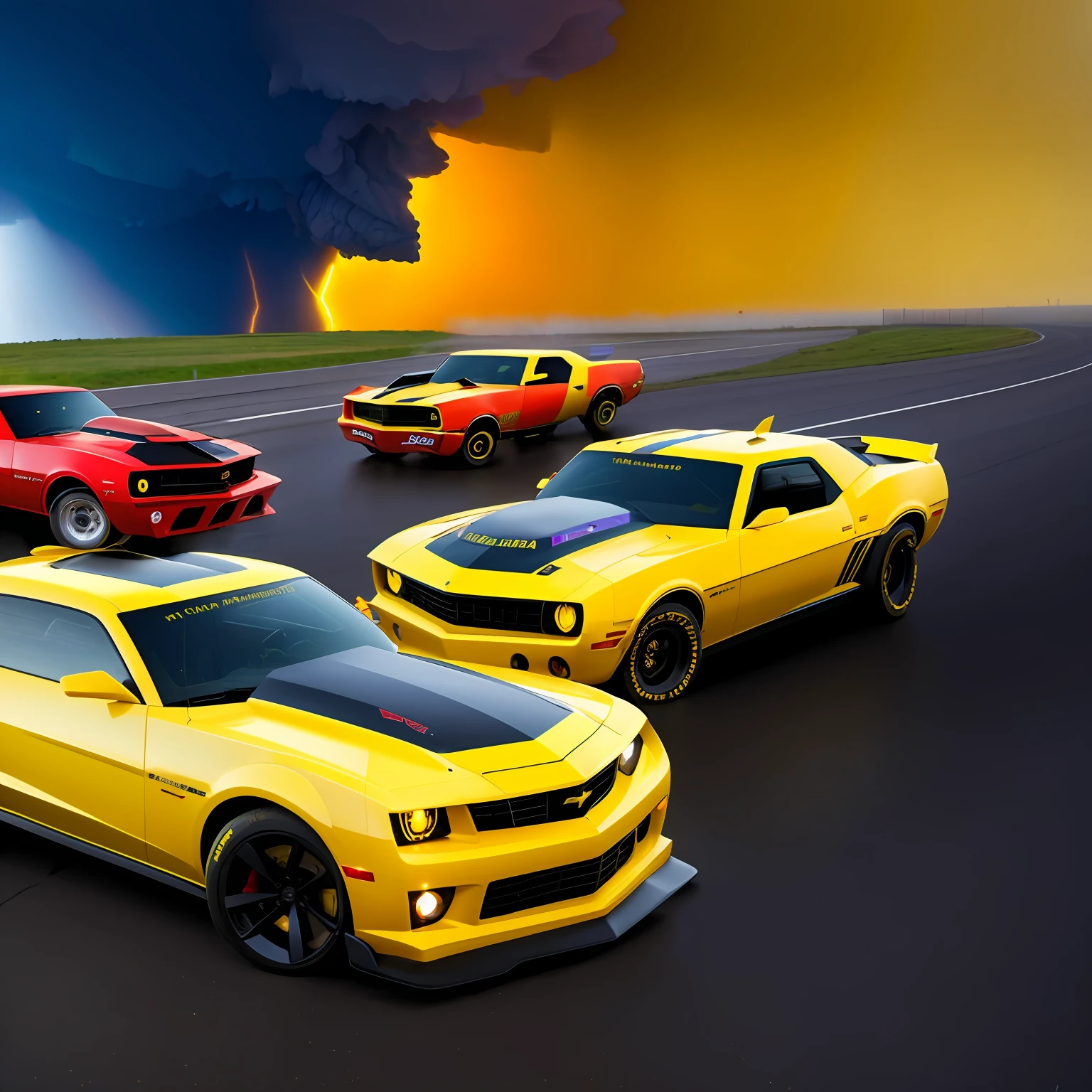 Tornado warning, chaos, yellow Camaro, highway to hell, concept art, 4k