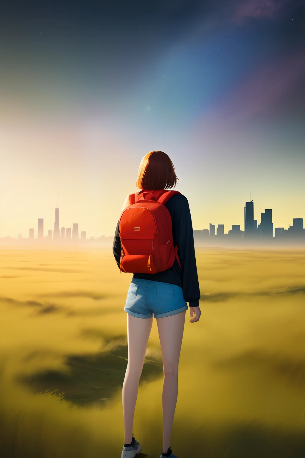 The vast sky, beautiful skyline, large grasslands, extremely tense and dramatic pictures, moving visual effects, the high-hanging Polaris, and colorful natural light. Long-sleeved top, denim shorts, and a girl with a backpack.
