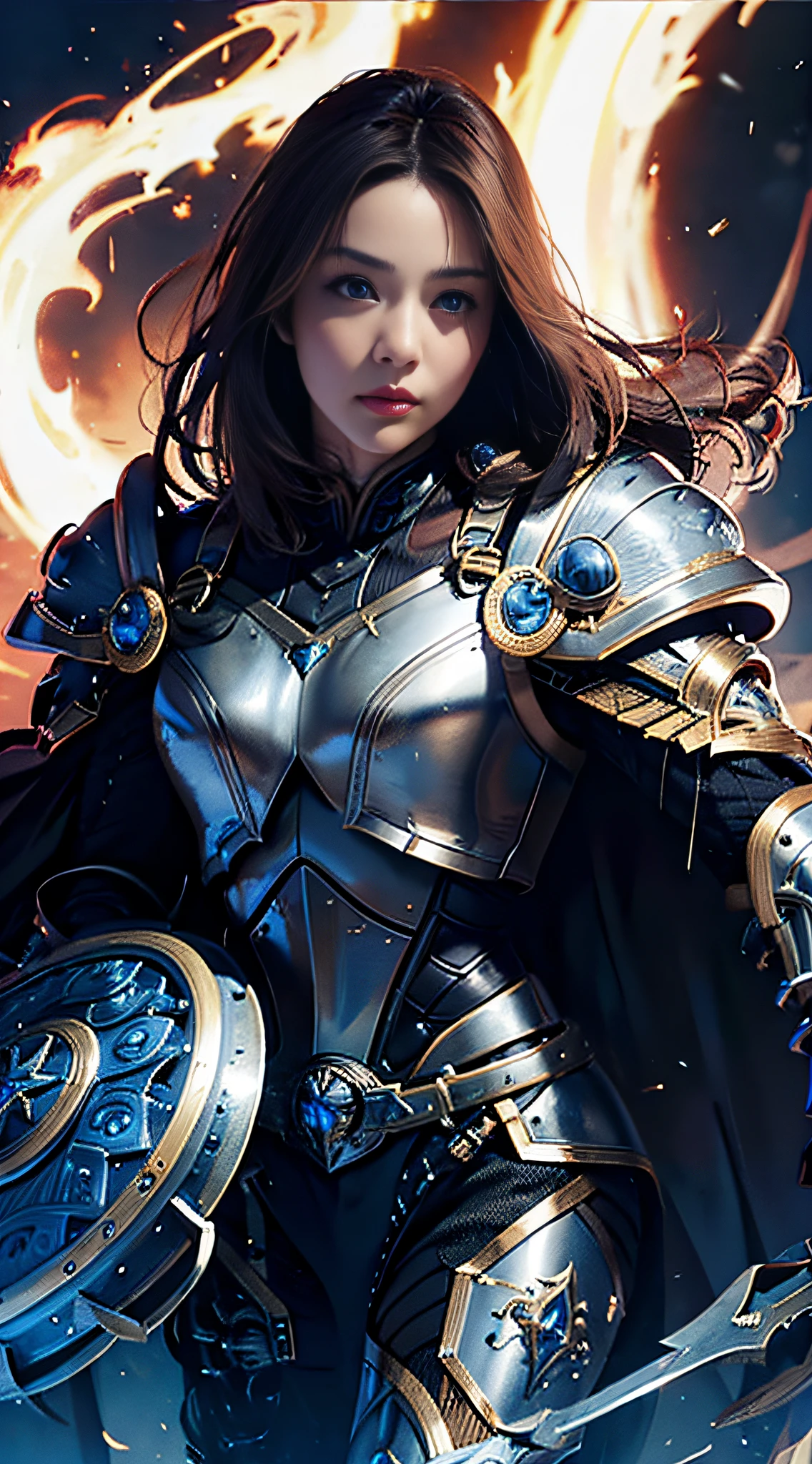 official art, unity 8k wallpaper, ultra detailed, masterpiece, best quality, 1 woman, (extremely detailed), dynamic angle, Mysterious expression, fire sparkle effect, fantasy background, rim lighting, side lighting, cinematic light, ultra high res, 8k uhd, film grain,best shadow, delicate, RAW, light particles, detailed skin texture, detailed armor texture, detailed face, intricate details, ultra detailed, bright, strong, black armor, holding weapon, holding shield, pauldrons, ((brunette hair)), very glowing blue eyes, long black cape, fantasy, (realistic),