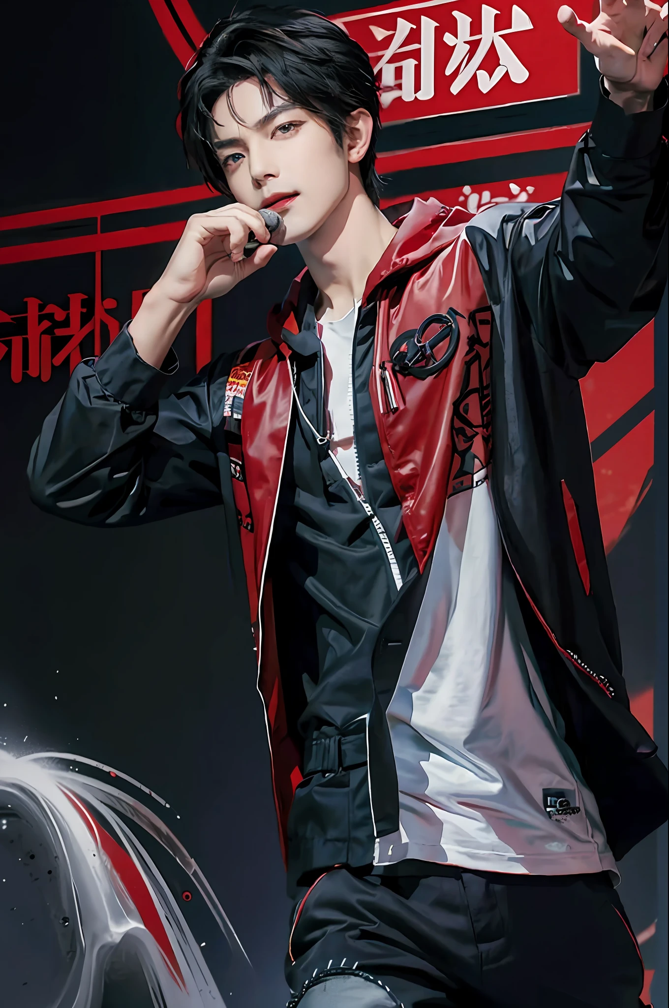 yamada ichiro\(hypnosis mic\), 1boy, solo, looking at viewer, the dirty dawg, , (short hair), red eyes, bangs, black hair, hair between eyes, heterochromia, green eyes, mole under eye, (red shirt), loose pants, bontan, gakuran, open jacket, stud earrings, hood down, zipper, red hood, black belt, belt, black pants, dynamic pose, microphone, sleeves rolled up, holding microphone, singing