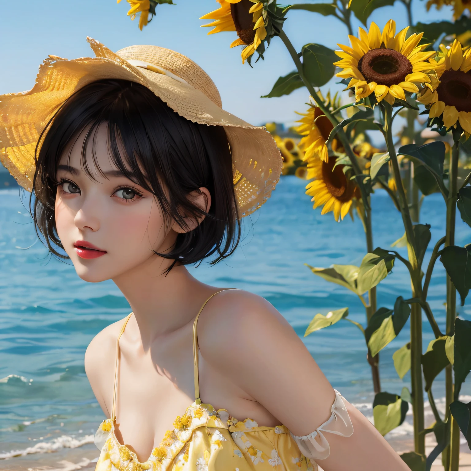 (Masterpiece:1.3), (8K, Photorealistic, RAW photo, Best quality: 1.4), (1girll), Beautiful face, (Realistic face), (Black hair, short detailed hair:1.3), Beautiful and good-looking hair，Sunflowers are worn on their heads，photorealistic eye，Nice detail eyes，Blood-red lips，Clean and fresh sky background（Realistic face Realistic skin），Beautiful skins，Pale yellow dress（short- sleeved），Romantic summer atmosphere，enticing，超高分辨率，Ultra photo realsisim，The is very detailed，the golden ratio