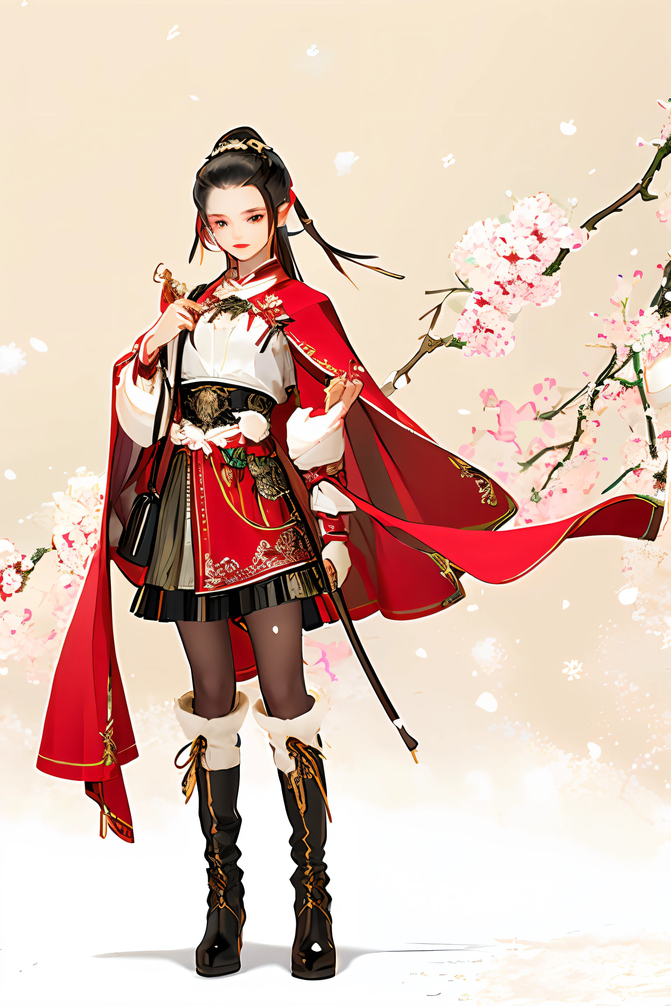 Beautiful details for girl,Very detailed eyes and face,beautiful eyes in detail,ultra-detailliert,A high resolution,Very detailed,The best quality,illustration,exquisite detailing,Best quality,Very detailed CG,8k wallpaper,A age girl,snowfield,Short black hair,one ponytails,People in the Demon Cult,Lolikirt,Leather tunic,boot,Red cape,blossoms,Complex textures,Streamers,the complex background,Full body like