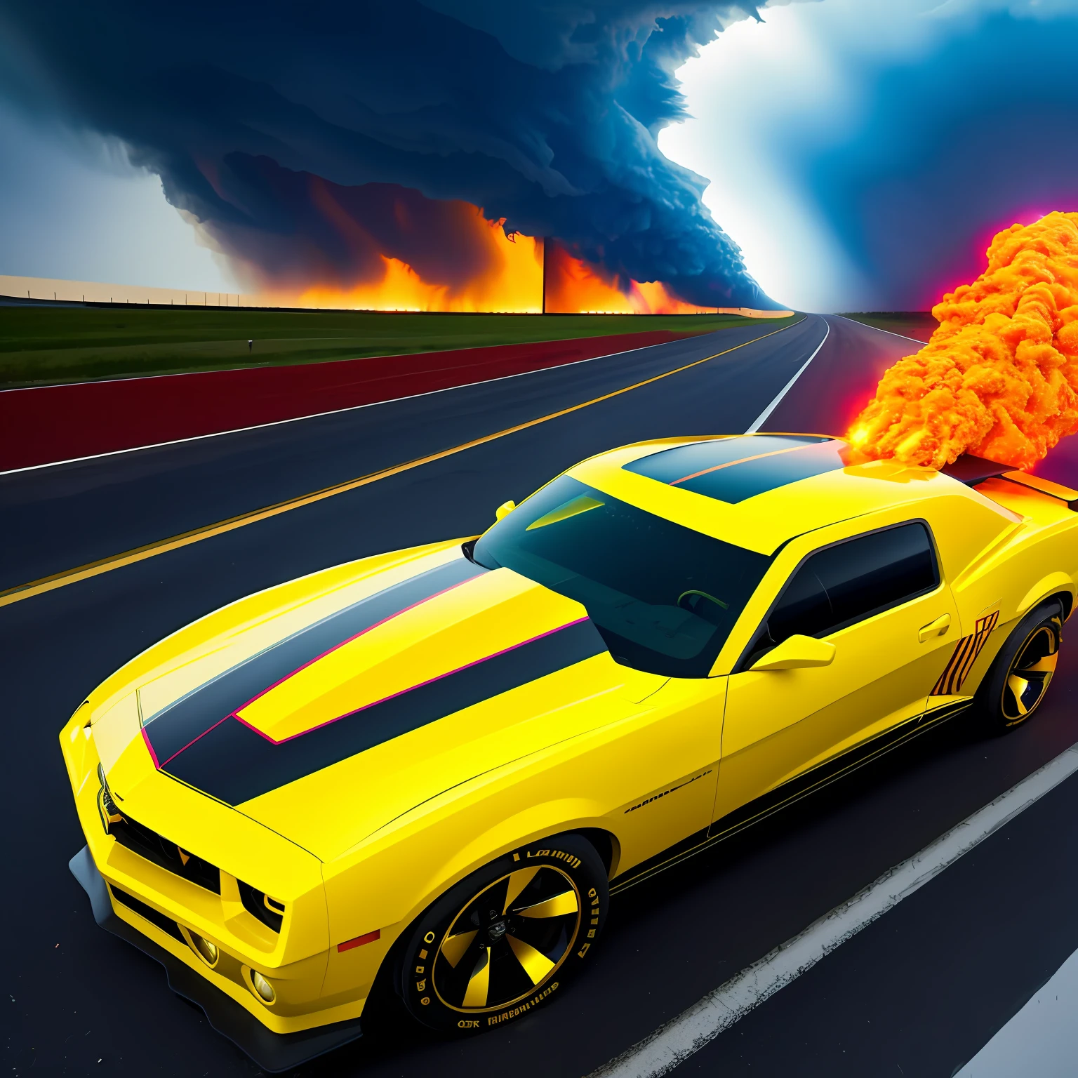 Tornado warning, chaos, yellow Camaro, highway to hell, concept art, 4k