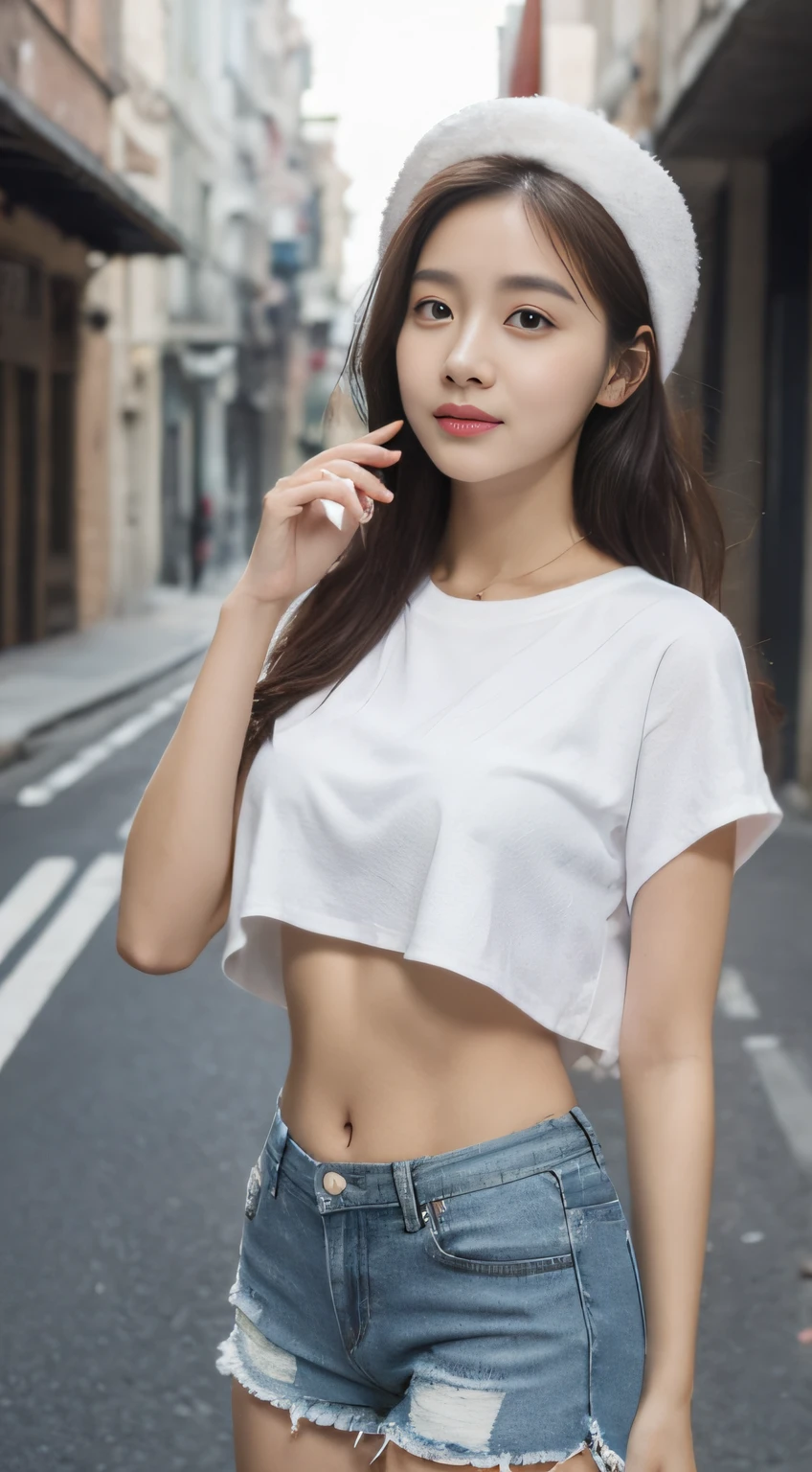 ((Best Quality, 8K, Masterpiece: 1.3)), (Flower Cap: 1.3), Focus: 1.2, Perfect Body Beauty: 1.4, Buttocks: 1.2, (Layered Haircut: 1.2)), (Dark Street: 1.3), Highly Detailed Face and Skin Texture, Full Body, Delicate Eyes, Double Eyelids, Whitened Skin, Long Hair, (Round Face: 1.5), (Loose Crop Top, Shorts: 1.6)