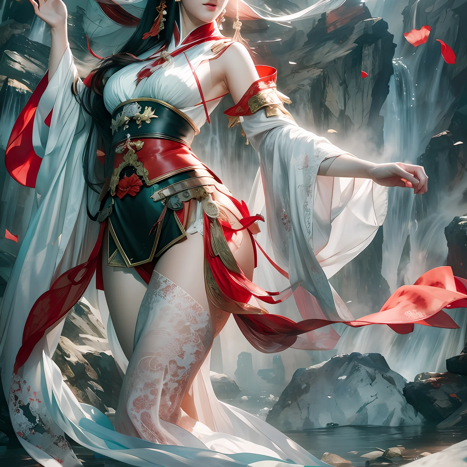 A woman in a white dress and red cloak poses for a photo, by Yang J, IG model | Art germ, Artgerm and Ruan Jia, ruan jia and artgerm, Extremely detailed Artgerm, full-body xianxia, art-style, author:ruanjia、stanely artgerm, Style Artgerm