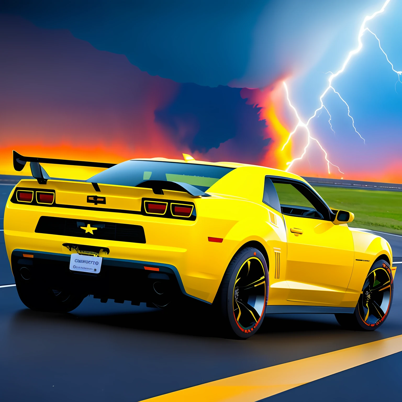 Tornado warning, chaos, yellow Camaro, highway, concept art, 4k