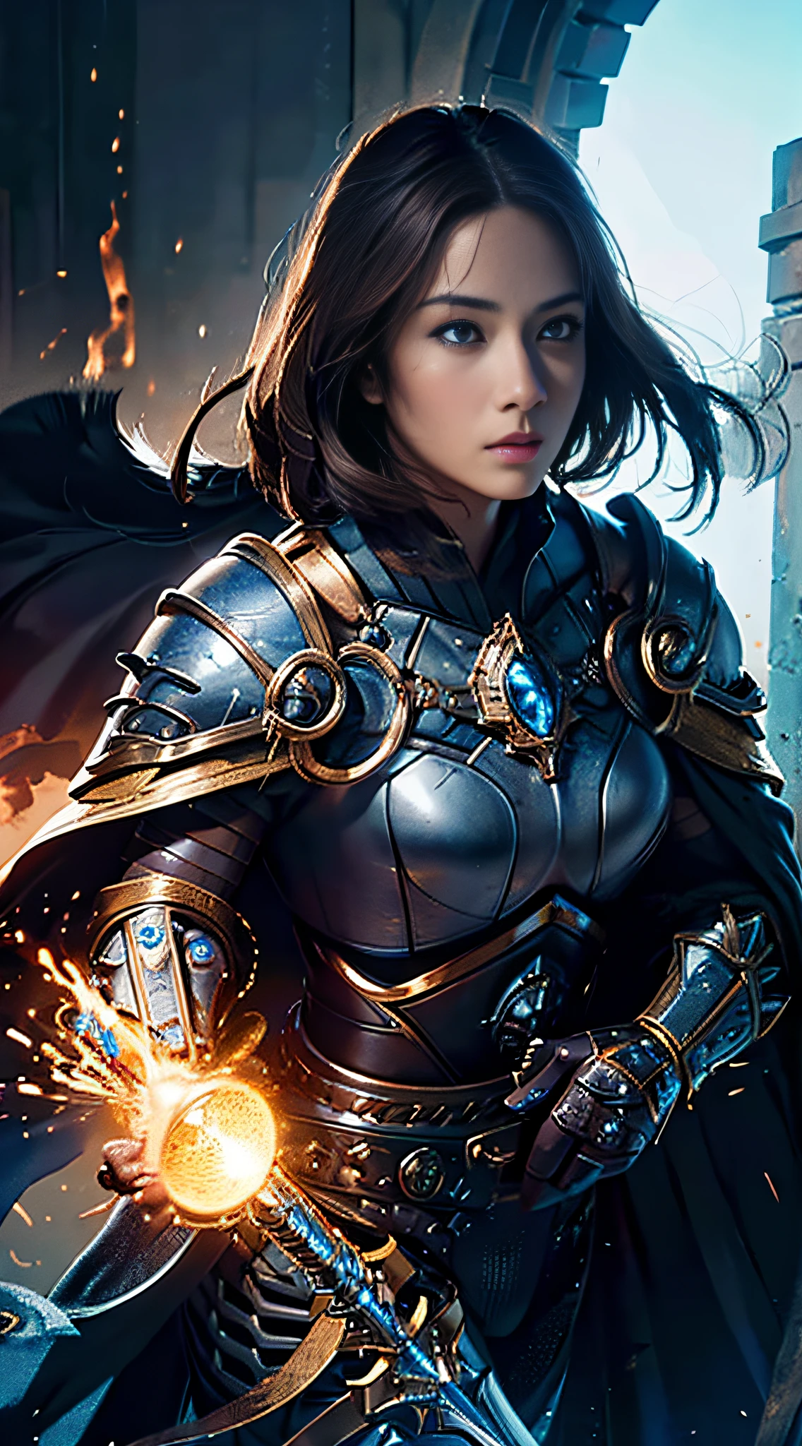 official art, unity 8k wallpaper, ultra detailed, masterpiece, best quality, 1 woman, (extremely detailed), dynamic angle, Mysterious expression, fire sparkle effect, fantasy background, rim lighting, side lighting, cinematic light, ultra high res, 8k uhd, film grain,best shadow, delicate, RAW, light particles, detailed skin texture, detailed armor texture, detailed face, intricate details, ultra detailed, bright, strong, black armor, holding weapon, holding shield, pauldrons, ((brunette hair)), very glowing blue eyes, long black cape, fantasy, (realistic),