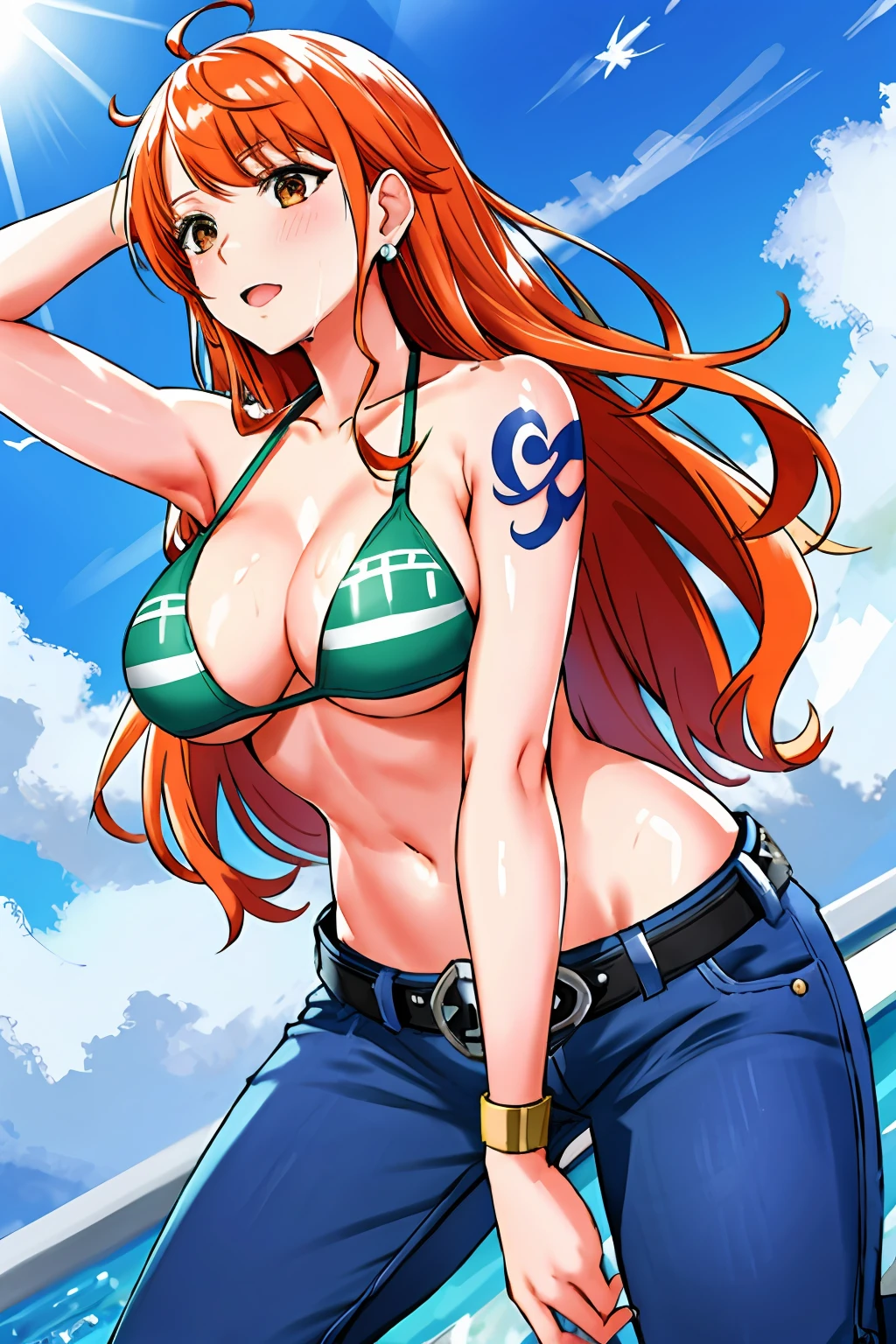 detailed background, masterpiece, 4k, best quality, late youth, adult, wrestler body, 1girl, active, energic, uppercut, (large mouth) , solo, nami \(one piece\), 1girl, bangle, (very wet, drenched in sweat, sweat all over body, very wet hair, tired, taking breath, open mouth, hand on stomach, sweaty face, sweaty body, panting, sweating too much, shiny sweat, sweat stains, leaning forward, tilting, hands on knees, waving good bye), perfect detailed face, bold drawing lines, muscular arms, detailed bold arm lines, flat jaw, adult woman, wavy wide streaked bangs, floating bang streaks, (big cheeks), bare shoulders, off-shoulders, belt, bikini, bikini top only, blue sky, bracelet, springy breasts, breast lines, big round eyes, plain big brown shiny eyes, bubbles, high eye position, cleavage, cloud, day, denim, earrings, floating hair, shiny hair, green belt, green bikini, bold groin lines, jeans, jewelry, large breasts, log pose, long hair, looking at viewer, navel, wet hair, orange hair, pants, shoulder tattoo, sidelocks, sky, solo, standing, stomach, swimsuit, tattoo , looking at viewer, open mouth, detailed left arm, big forehead, hourglass figure, small head, toned body, wide hair, wind effect, sun effect, under the sun, narrow small ears angle, older, random poses,