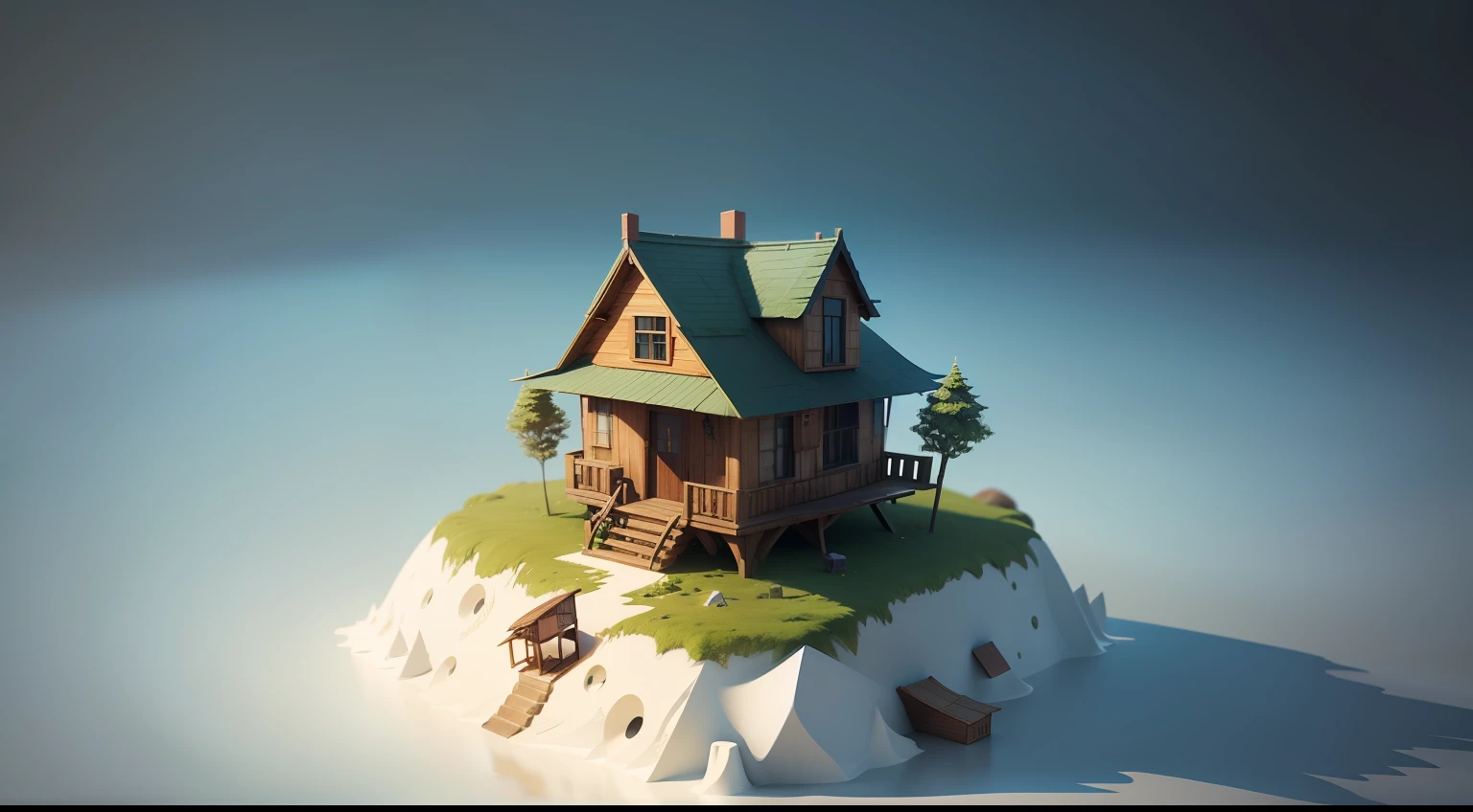 There is a floating island and a small house on a solid background,C4D effect