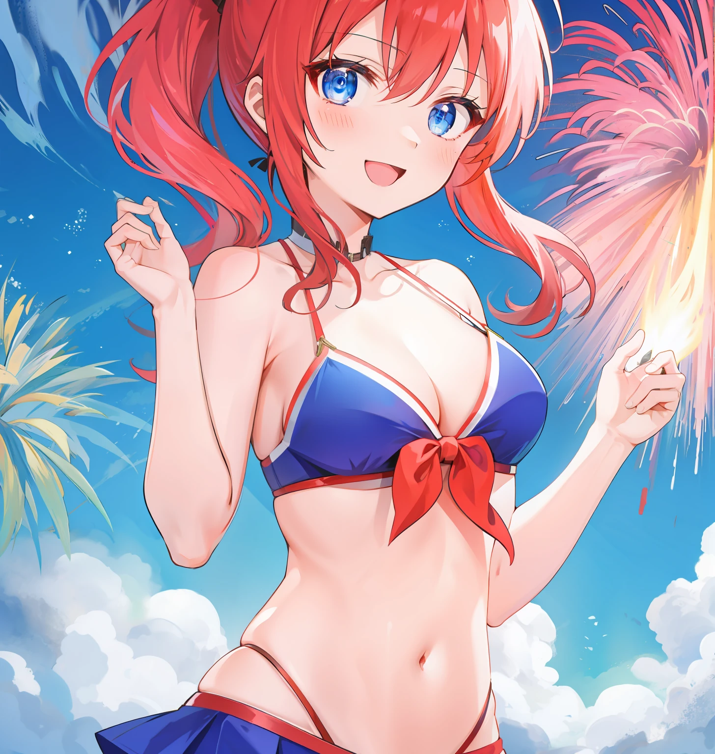Red single ponytail,eBlue eyes,比基尼,fire works,Long open mouth and smile
